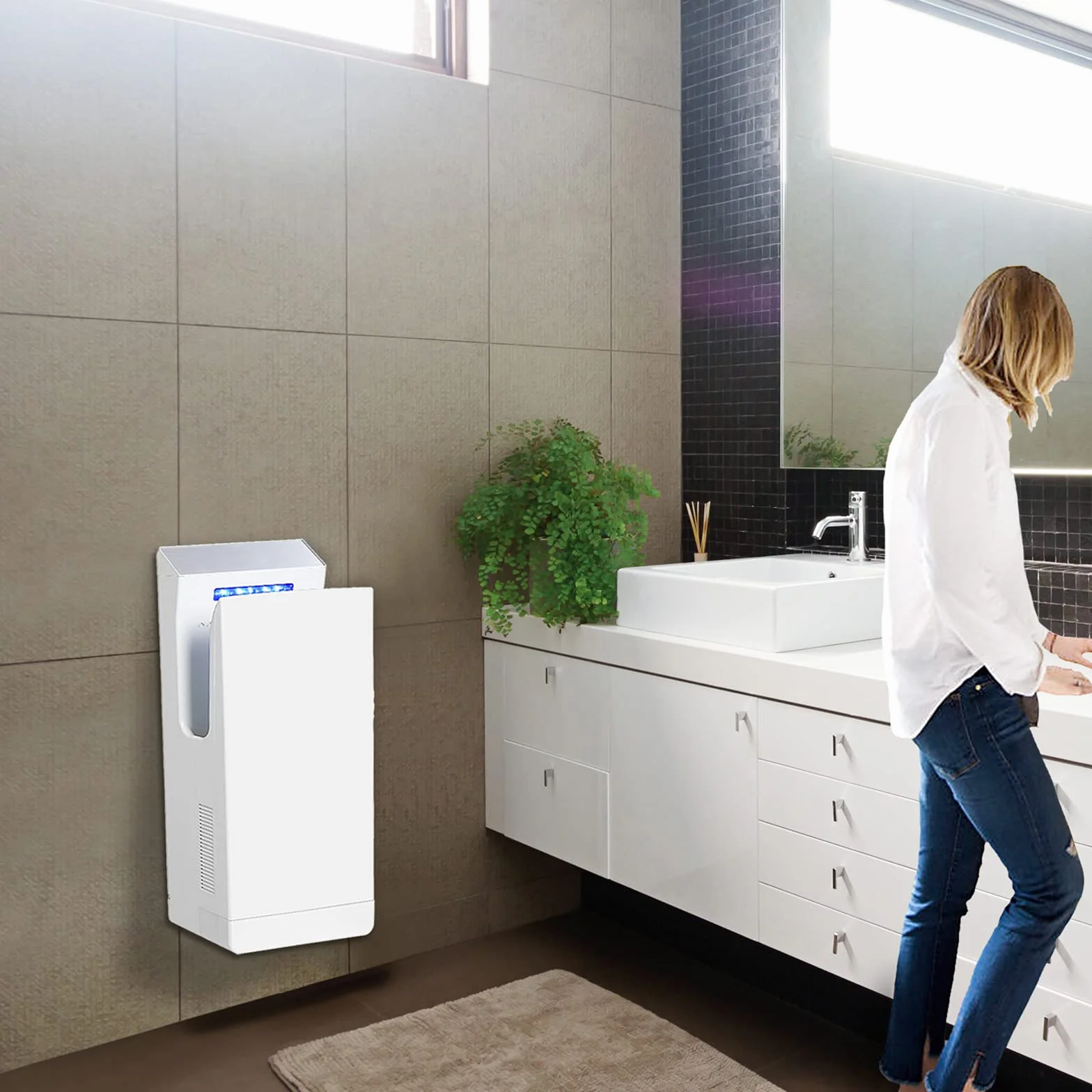 QL Elektryczna Suszarka do Rąk z Sterylizacji-UV i Filtrem-HEPA,Wysoka Prędkość 1350w,Funkcja Anionowego,do Toalet Komercyjnych,Biały