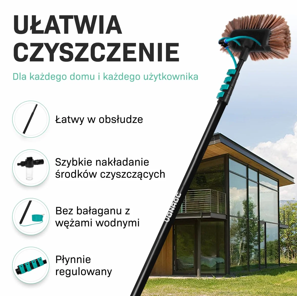 VONROC Teleskopowa Szczotka do Mycia 6,5m Regulowana Myjka z Wężem 9m