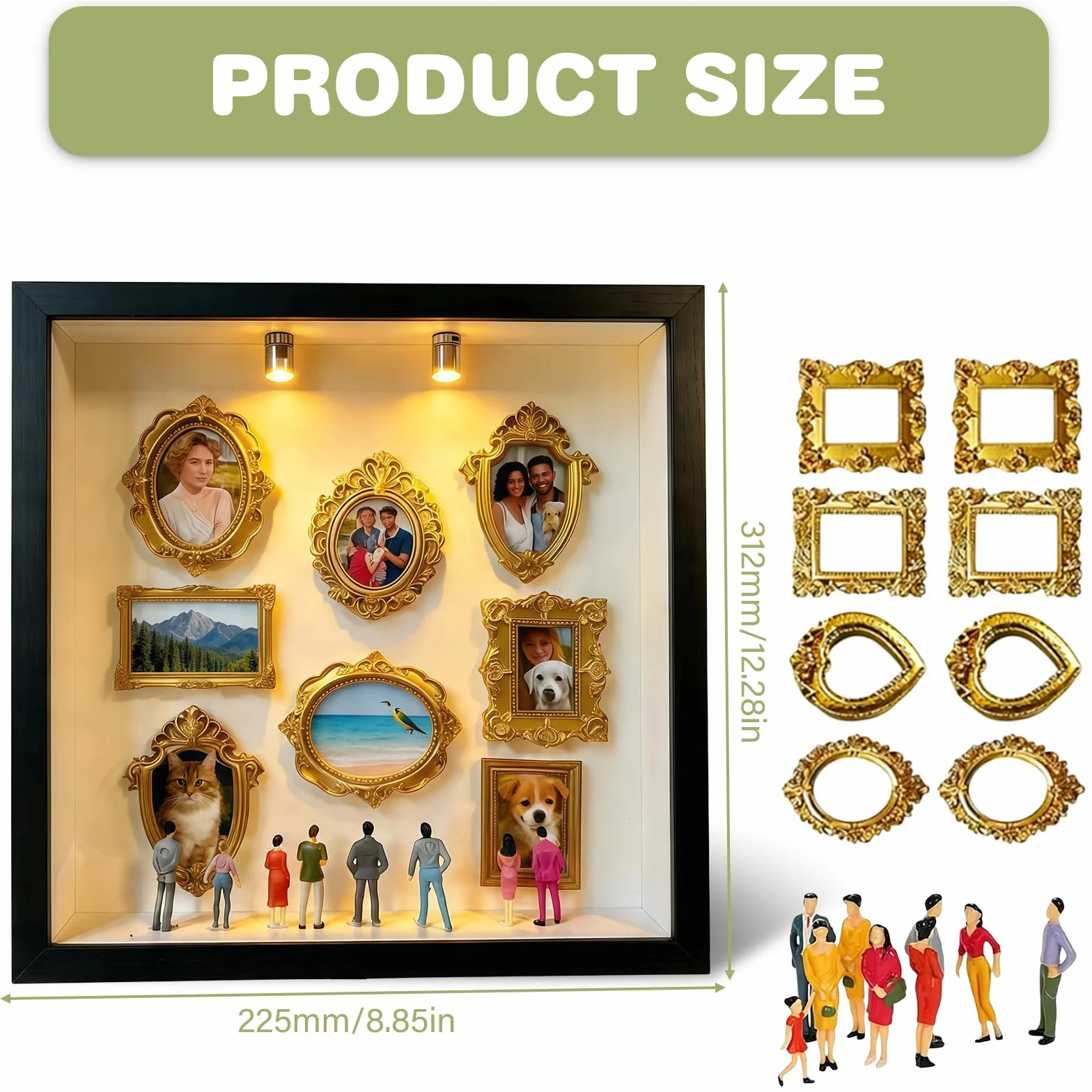 Mini muzeum "zrób to sam", małe ramki muzealne z 8 mini złotymi ramkami i 8 przypadkowymi figurkami, kreatywna ramka na zdjęcia ze światłem LED, dekoracja domu, rocznica, ślub, urodziny (czarne)