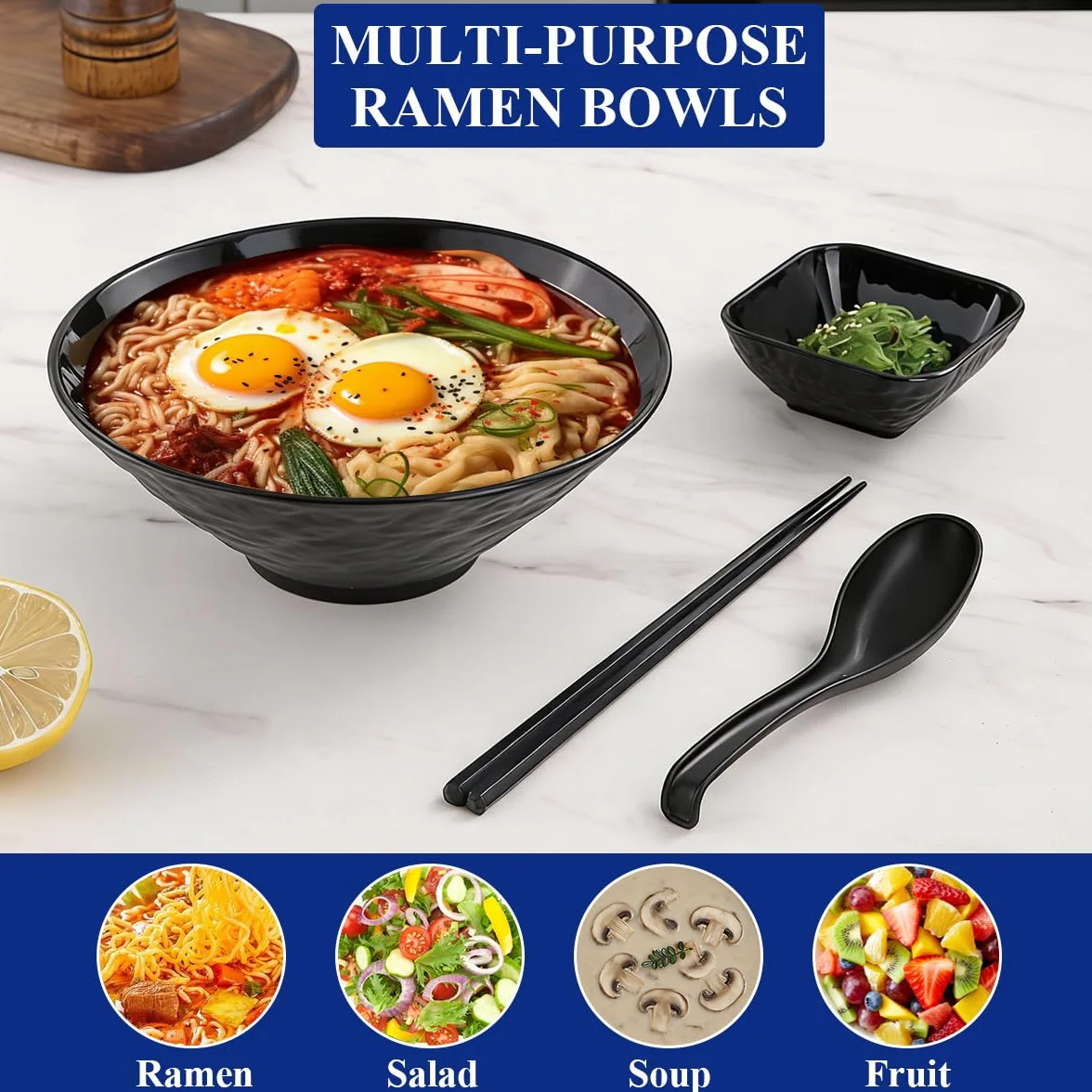 Zestaw misek do Ramen Berglander 40 uncji z 2 miskami do doprzań, pałeczkami, łyżkami, niełamliwe japońskie plastikowe miski na makaron do zupy na azjatycką zupę Pho, Tajską Miso, Udon, Wonton