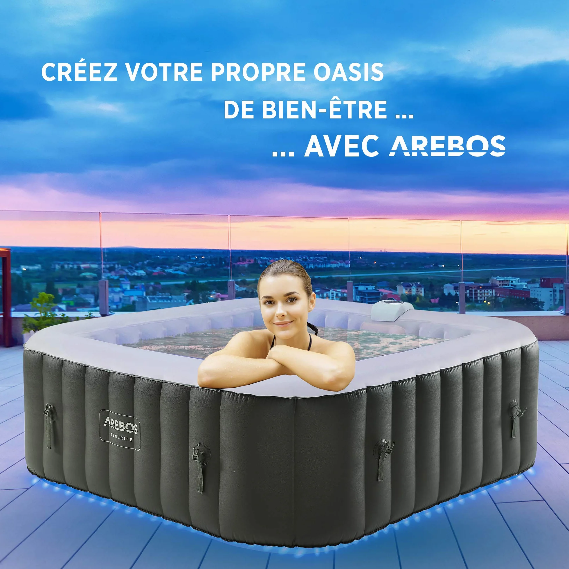 Arebos Nadmuchiwane Spa | Automatyczny nadmuchiwany | Wnętrze i zewnętrze | 185x185cm | 6 osób | Listwa świetlna LED | 130 dysz masujących | 910 L | z pokrywką | Masaż Bubble Spa i Wellness