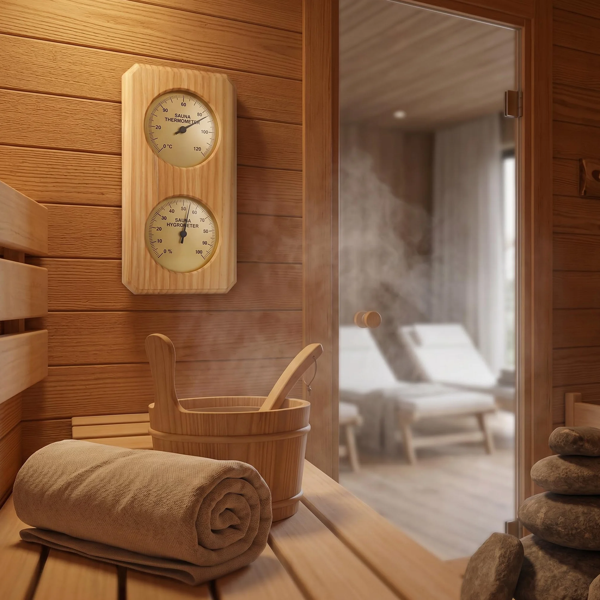 Termometr Sauna, Drewniany, Wysoka dokładność, Montowany na ścianie, od 0 do 100 Procent Wilgotności, od 0 do 120 Celsjusza Monitorowanie w Czasie Rzeczywistym, Drewno Sosny,