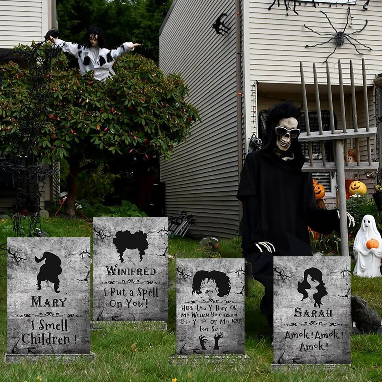 4 duże nagrobki czarownica Hocus Poc Halloween Decor, Znaki Dekoracja nagrobków ogrodowych z kołkami, 16 cali Wysoki, Straszny Nagrobek Cmentarny, Na Imprezy W Domu Dziecka