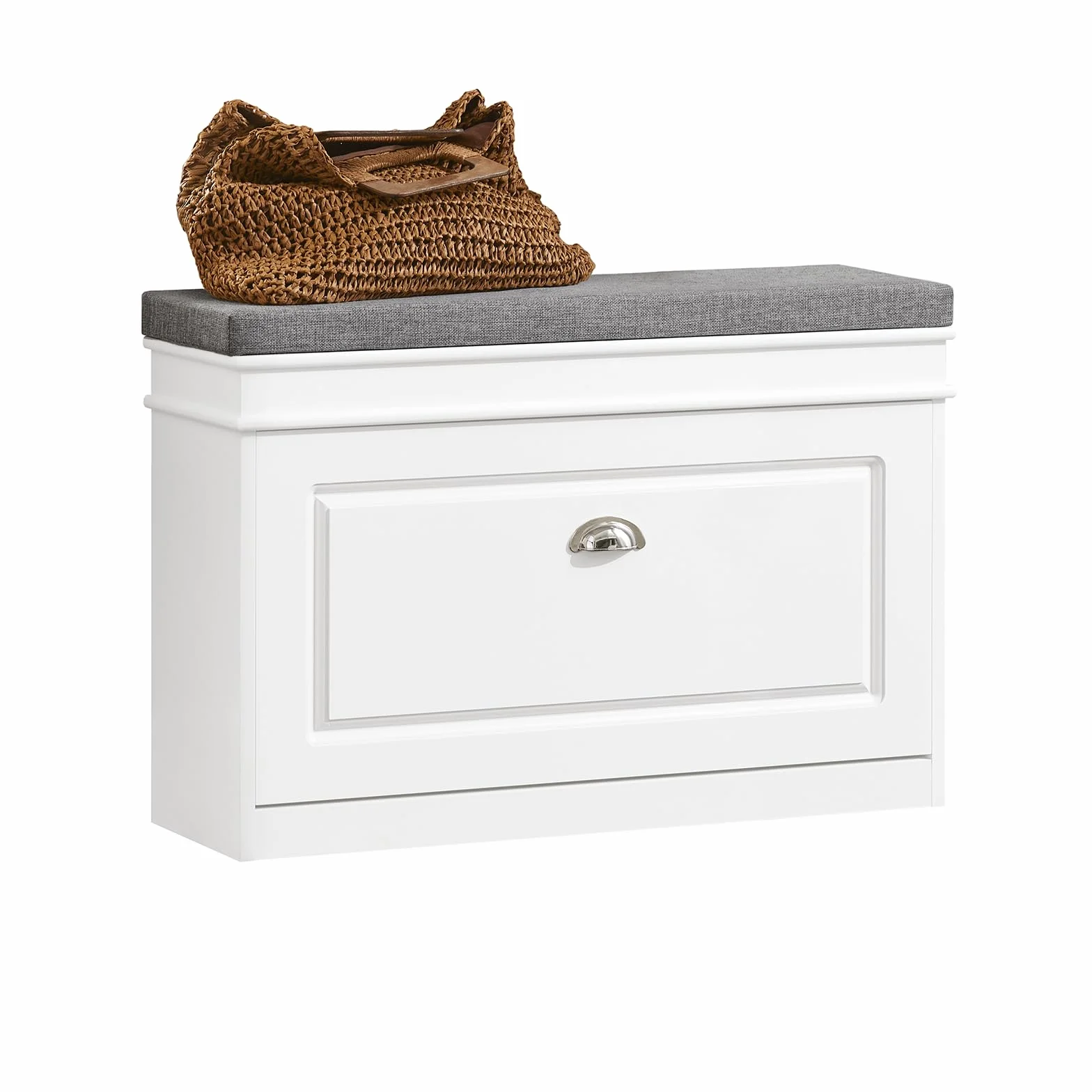 SoBuy Ławka na Buty Szafka na Buty z Siedziskiem – Wąska Komoda Przedpokojowa na 6 Par – Biała, Tapicerowana, Nośność 150kg, Głębokość 24cm, MDF E1 – FSR82-L-W