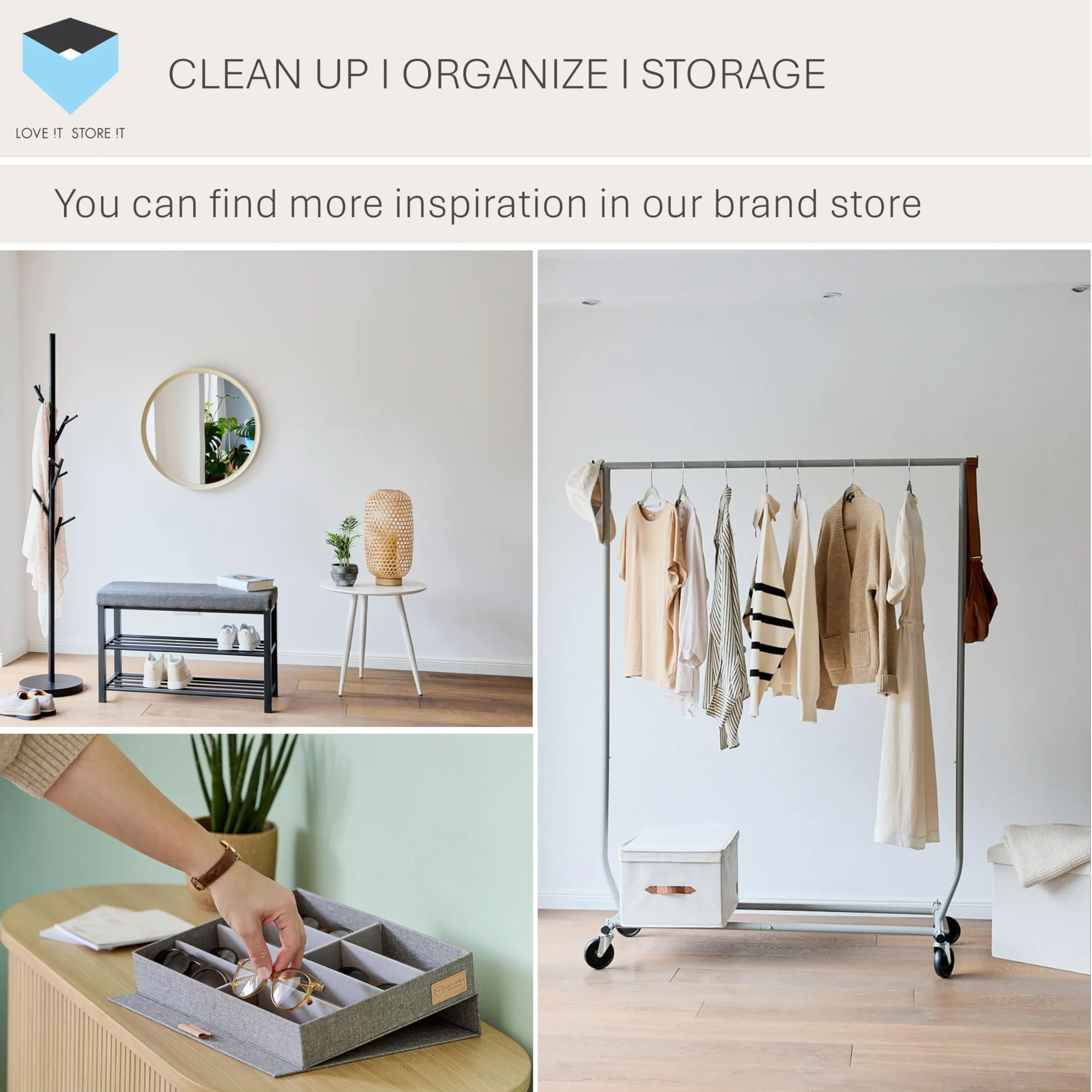 LOVE !T STORE !T Wieszak na ubrania z regulacją wysokości – stabilny wieszak na ubrania – wózek garderobiany na kółkach z półką na buty – 84 x 44 x 101 – 165 cm – biały/chrom
