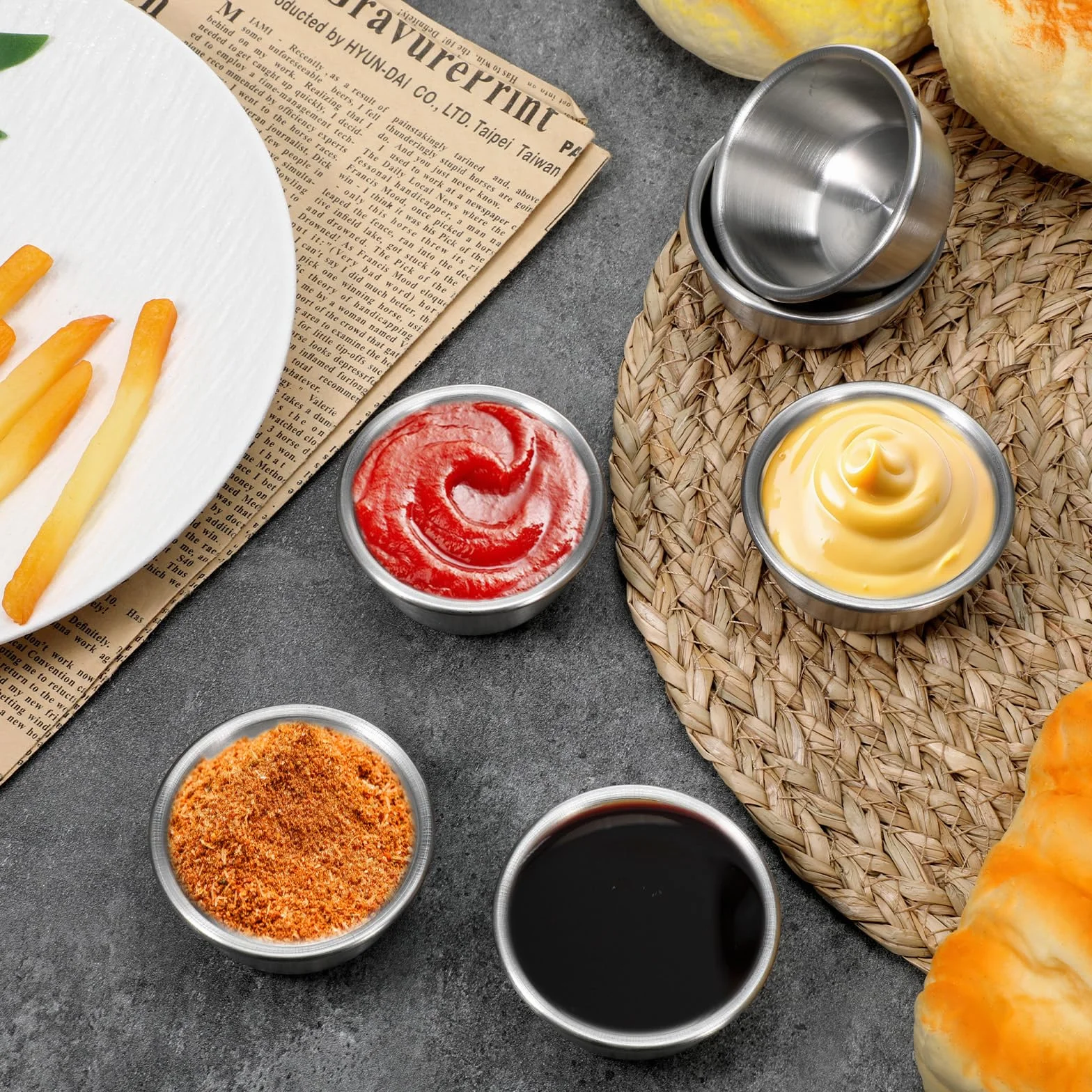 Stal nierdzewna Ramekin kubek do sosu 56 ml mini metalowy pojemnik na przyprawy wielokrotnego użytku