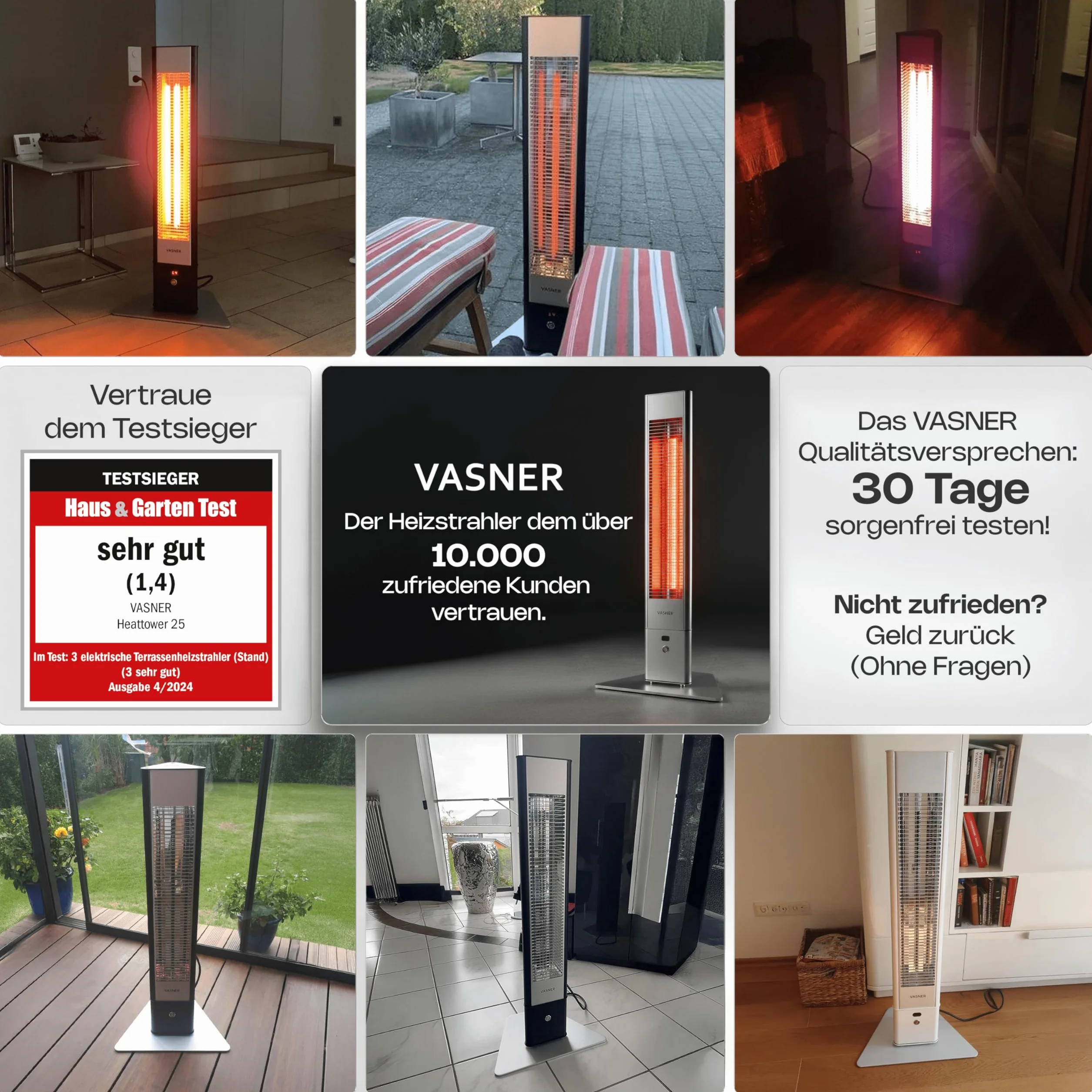 VASNER HeatTower Infrarot Heizstrahler Terrasse 2500 Watt 4 Heizstufen Standheizstrahler elektrisch mit Fernbedienung IP65 Schutz für Outdoor oder Bad