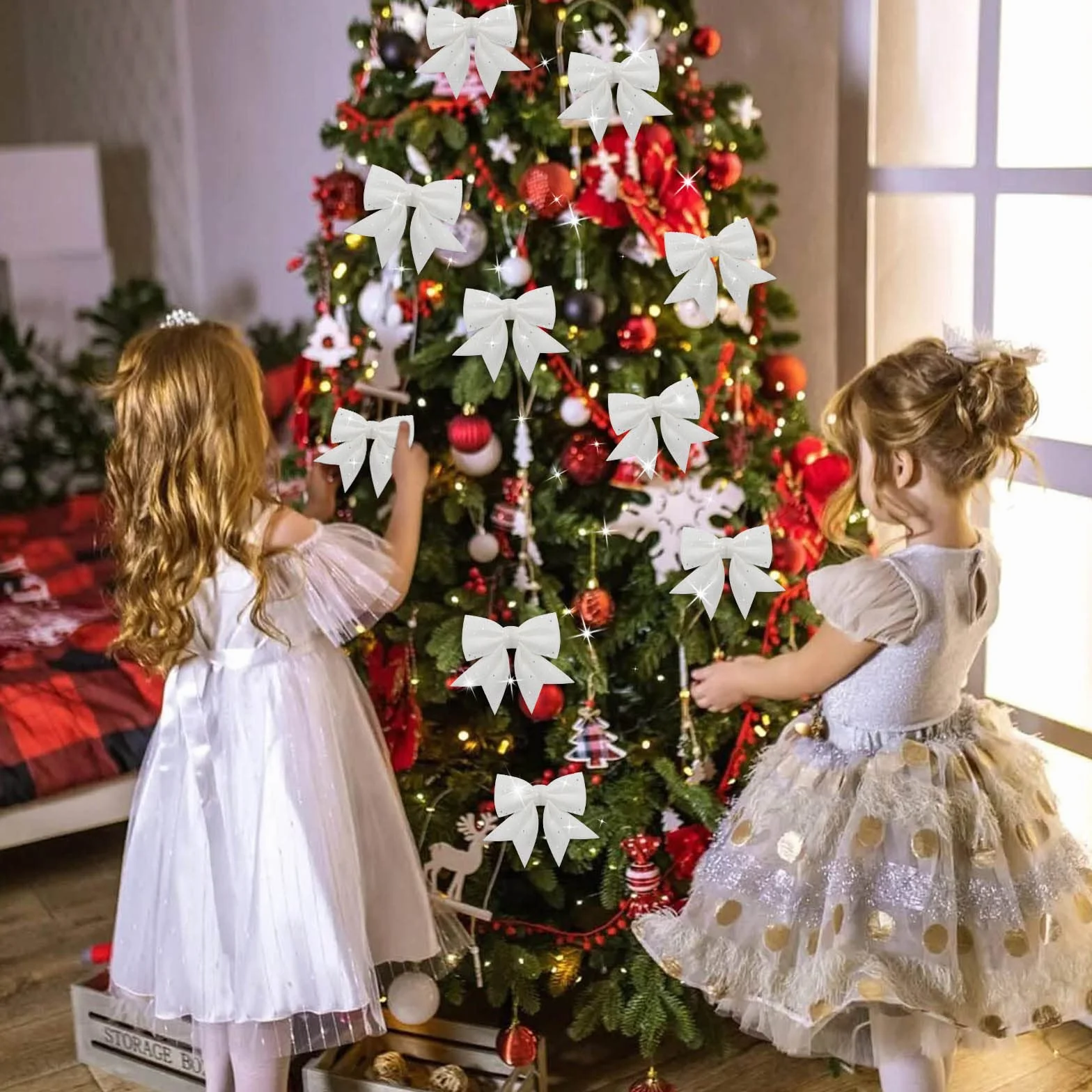 Shining She 10 sztuk białych kokardek na Boże Narodzenie, brokatowe kokardki, ozdoby choinkowe na uroczystości rodzinne, imprezę, dekoracja na Boże Narodzenie, urlop, wesele, uroczystości