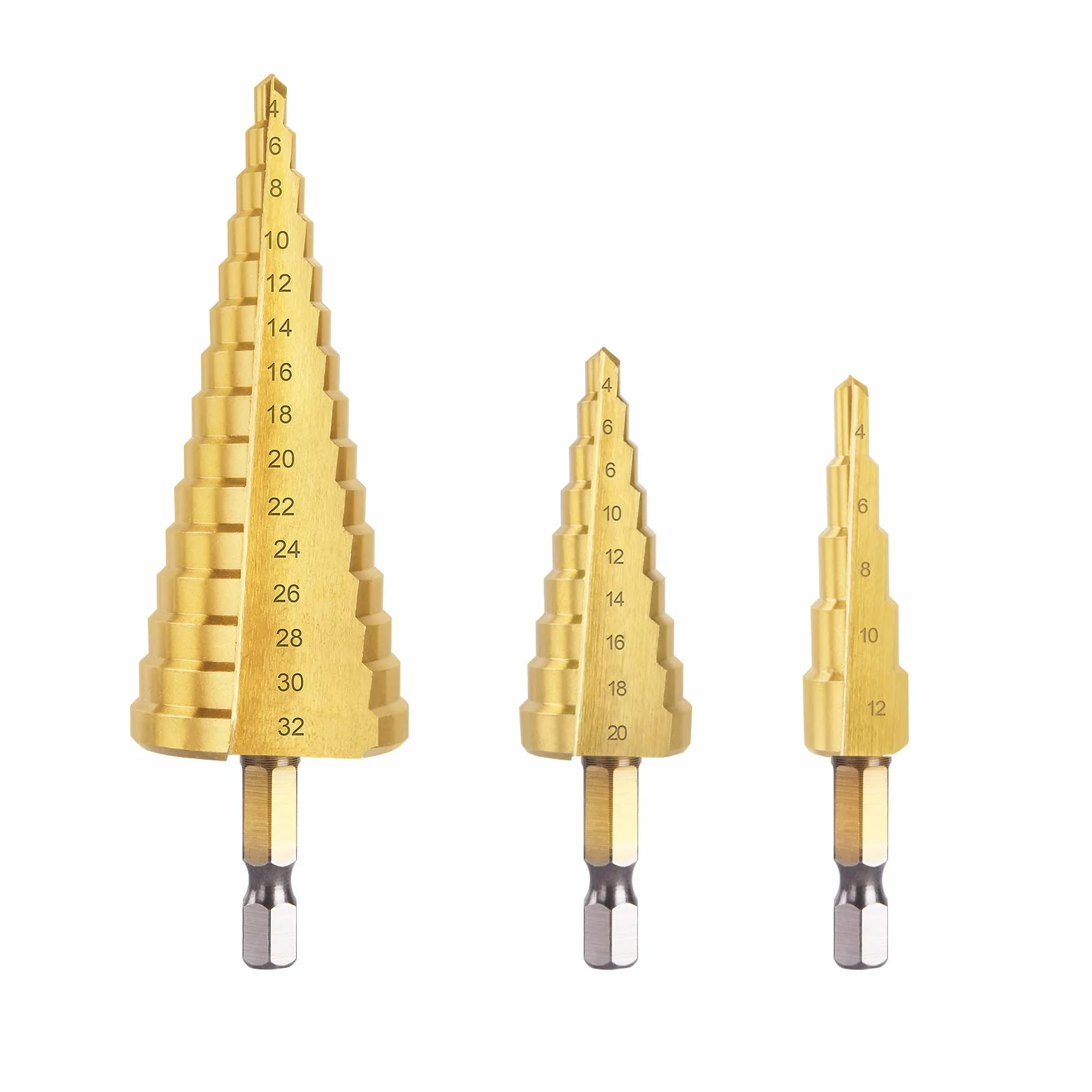 flintronic Zestaw wierteł stopniowych, 3 szt., 4 mm do 12, 20, 32 mm, ze stali szybkotnącej HSS powlekane tytanem, wiertło stożkowe z podwójnym rowkiem, do tworzywa sztucznego, drewna, metalu