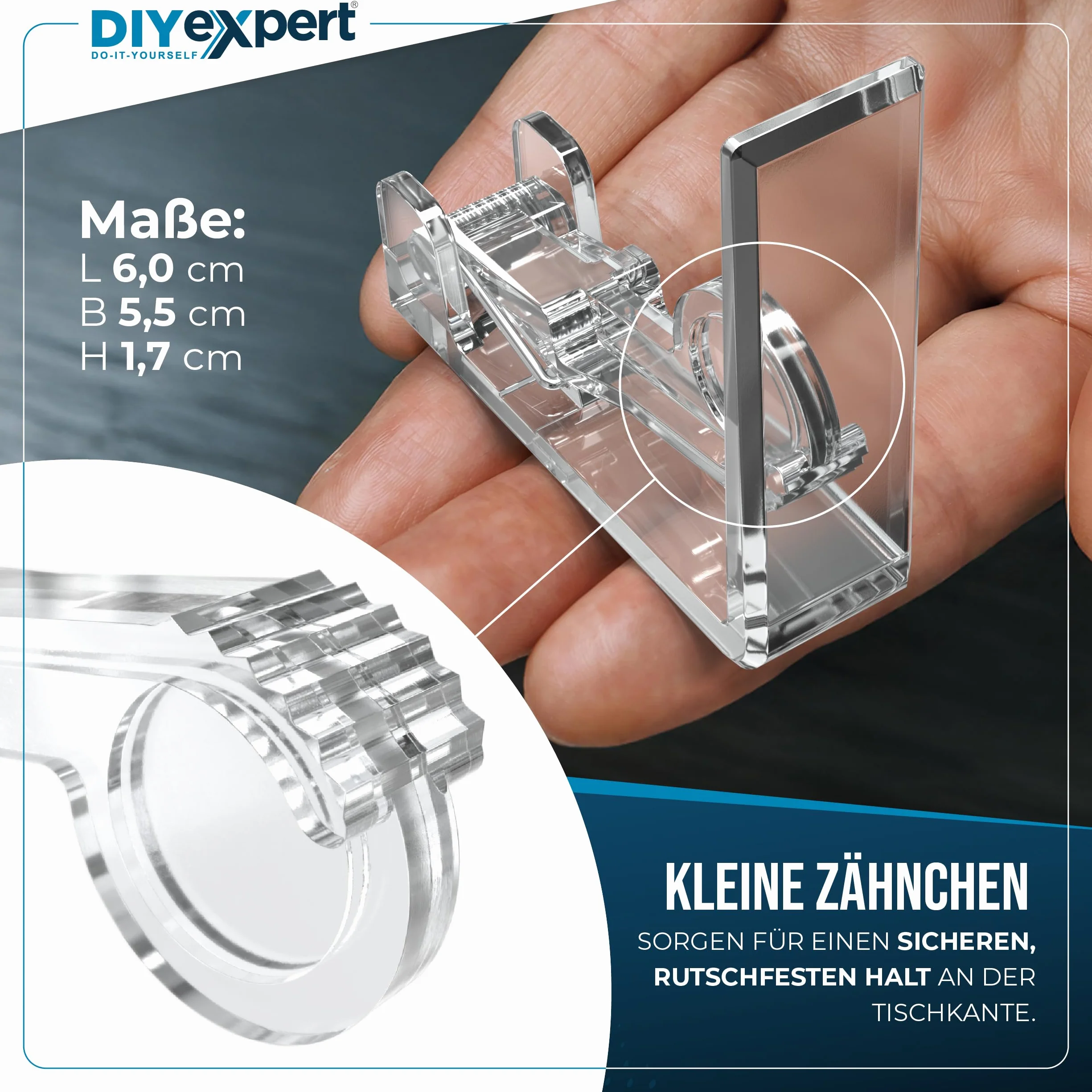 DIYexpert Przezroczyste klamry do obrusów, wyprodukowane w Niemczech, 4 sztuki, stabilne klamry do grubych stołów do 45 mm, odporne na warunki atmosferyczne i antypoślizgowe, do ogrodu, na balkon i do