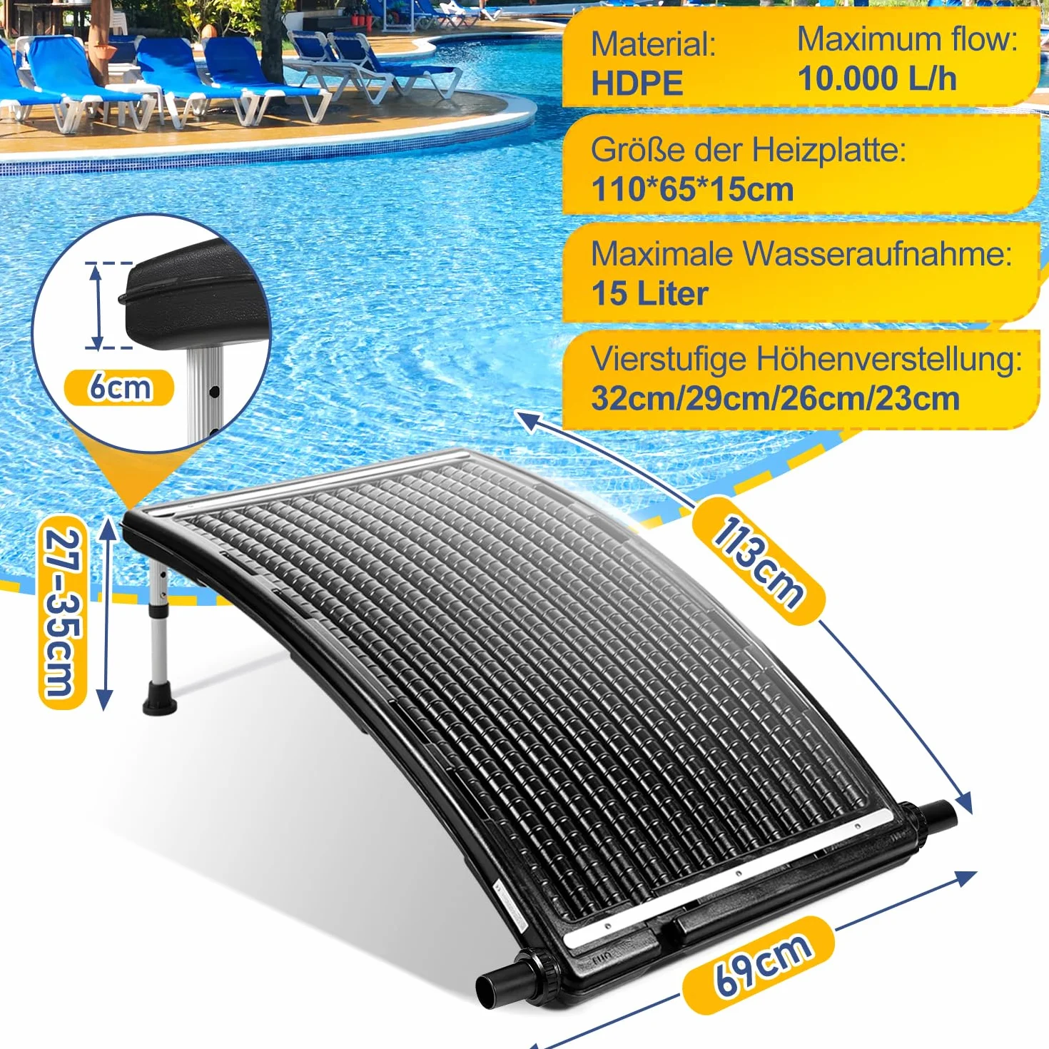 Daromigo Solarne ogrzewanie basenowe, kolektor słoneczny, 110 x 65 x 36 cm, ogrzewanie solarne 10 000 l/h, przyłącze Ø 38-40 mm, możliwość rozszerzenia ogrzewania basenu, instalacja solarna do ciepłej
