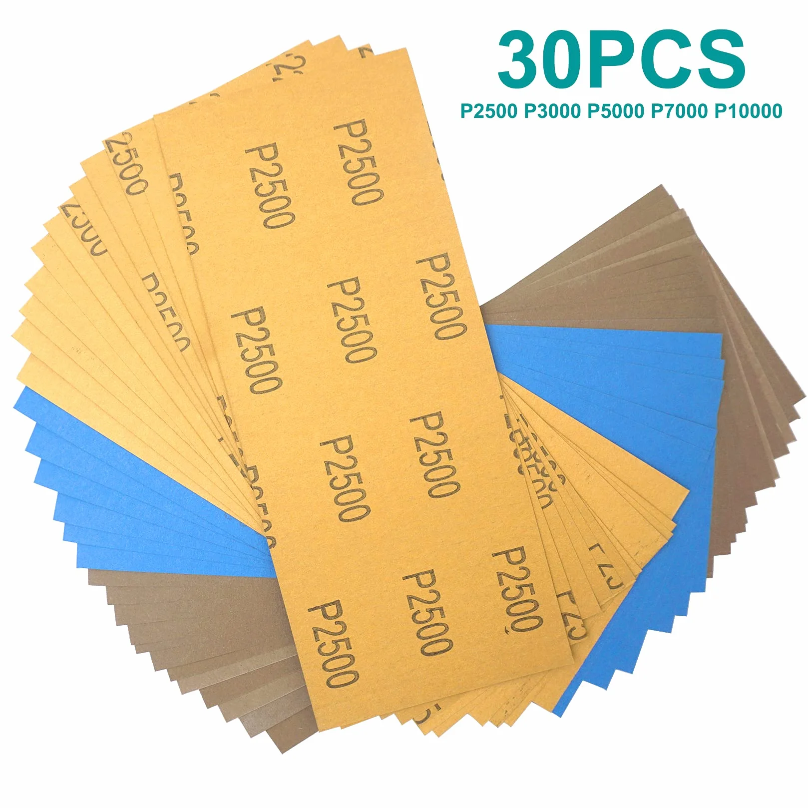 Akuoly 30 szt. papieru ściernego, ziarnistość 2500, 3000, 5000, 7000 i 10000 arkuszy ściernych, papier ścierny do mebli z drewna, kamień, lakier, metal, szkło, 9,3 x 23 cm