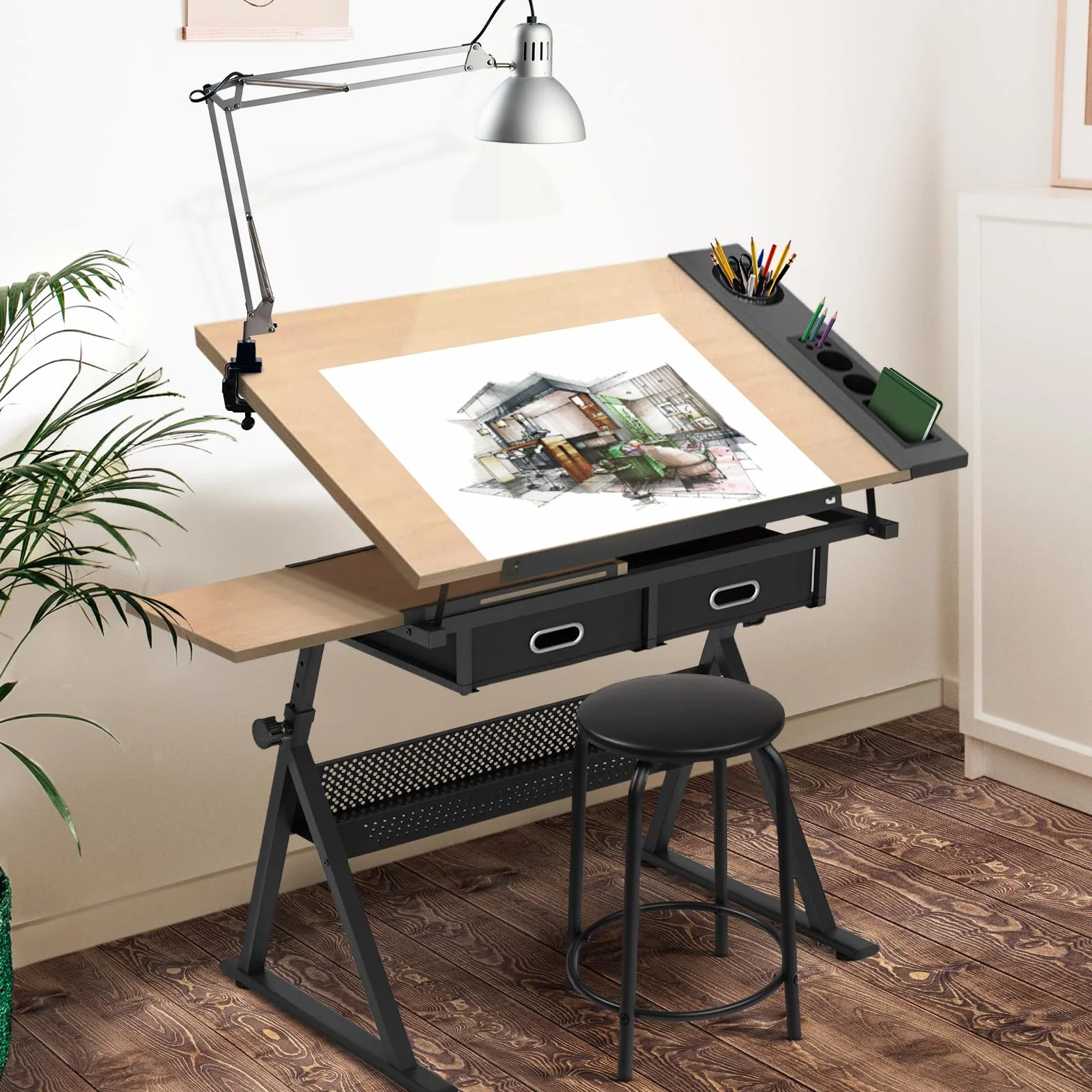 MIADOMODO® Stół do rysowania – uchylny, 115x60 cm, regulowana wysokość, MDF, stołek, 2 szuflady – stół kreślarski, artystyczny, techniczny