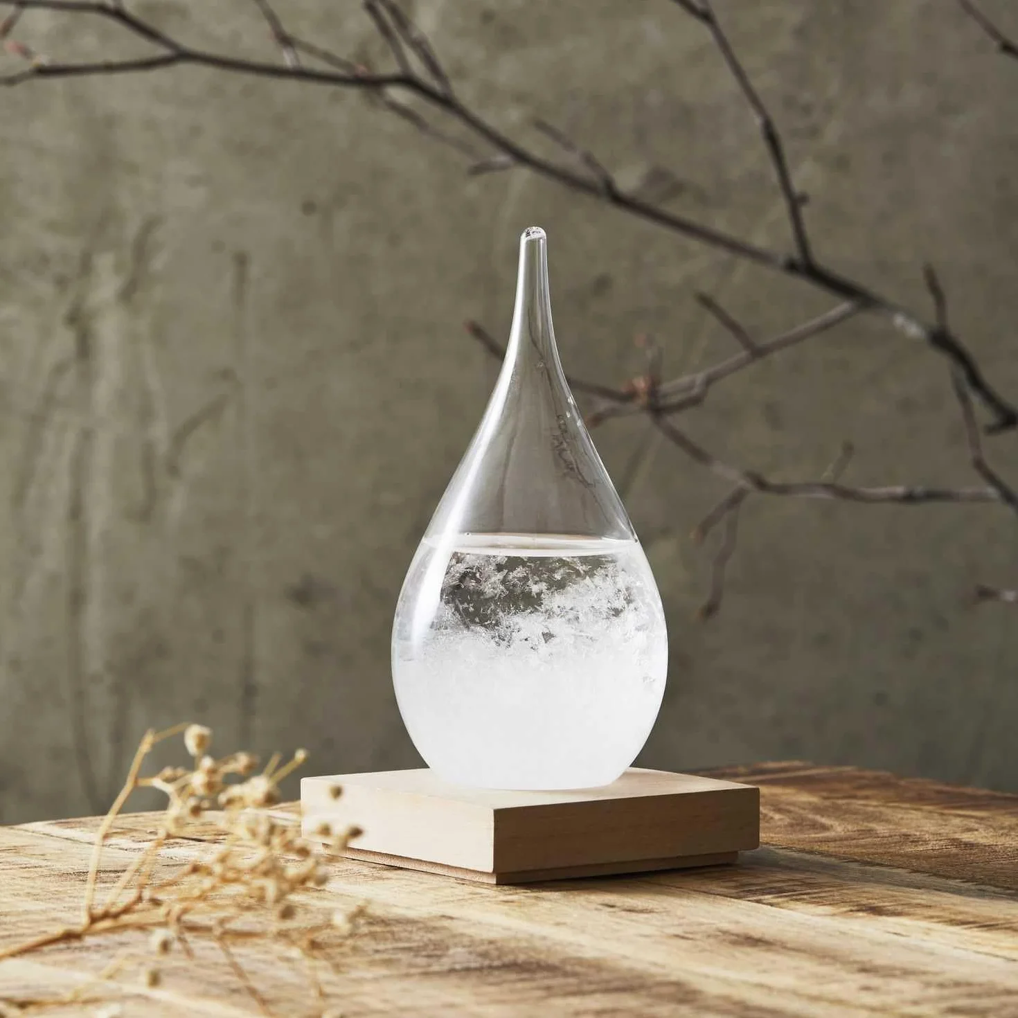 HOME DECO FACTORY, HD0384, Tempest Glass H17 cm - Elegancki i funkcjonalny przedmiot dekoracyjny, oryginalny barometr z kryształkami, drewniana podstawa
