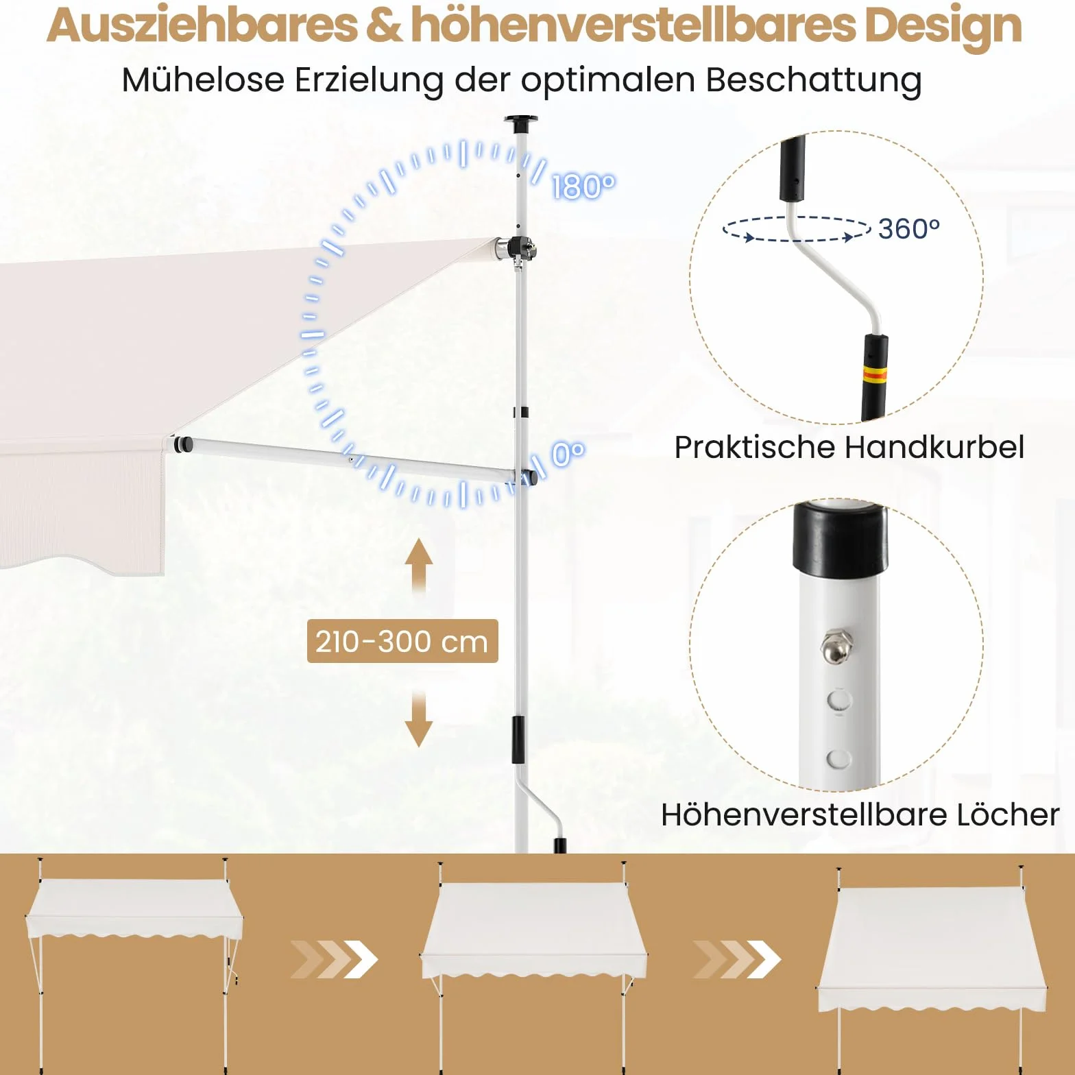 COSTWAY Markiza balkonowa bez wiercenia, z korbą ręczną, regulacja wysokości i odporna na promieniowanie UV, ochrona przed słońcem na taras, balkon (250 cm, biała)