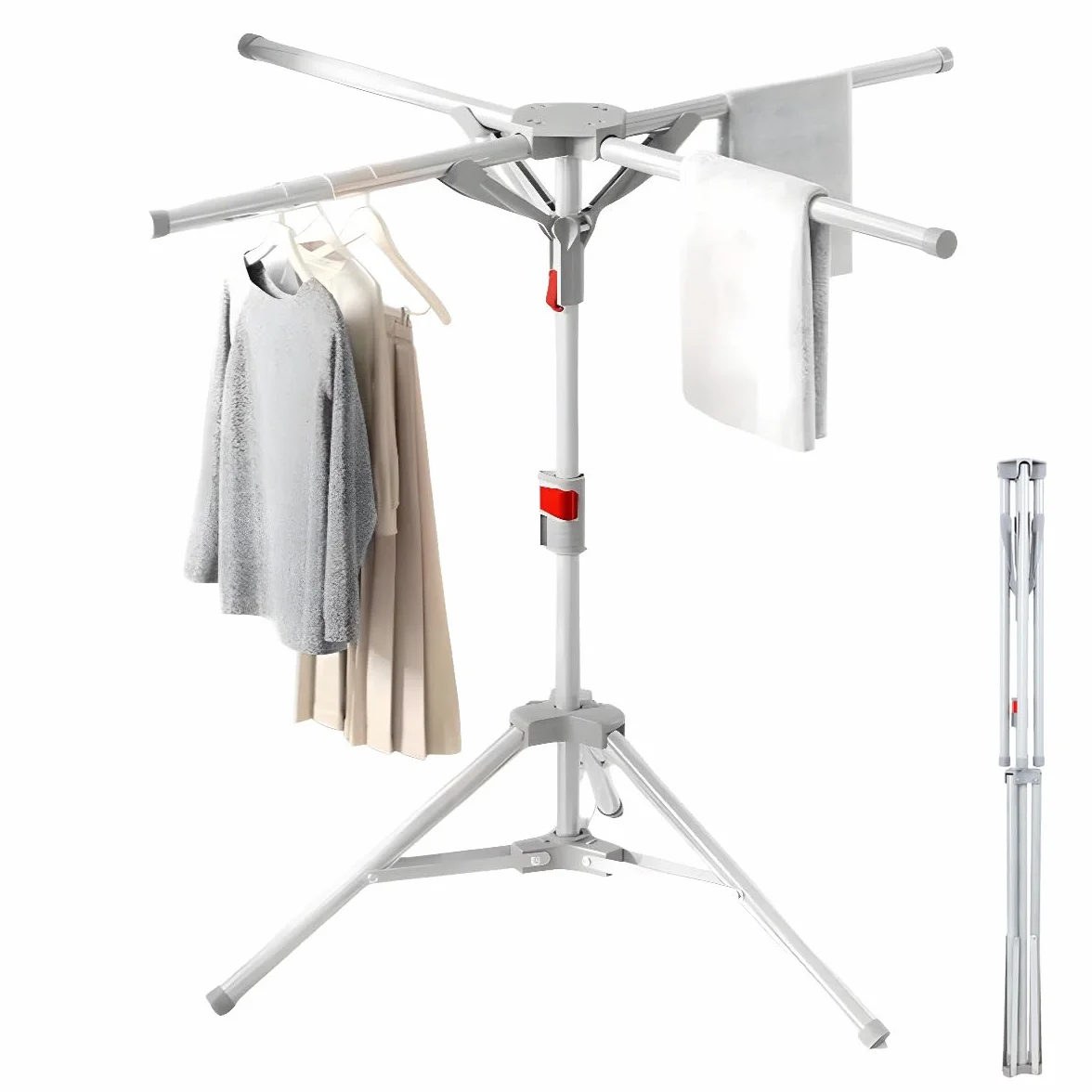 Suszarka do ubrań Stojak do suszenia ubrań wewnętrzny zewnętrzny, Stojak na pranie Clothes Horse składany z 4 ramionami na wieszaki, regulowana wysokość 130-180cm