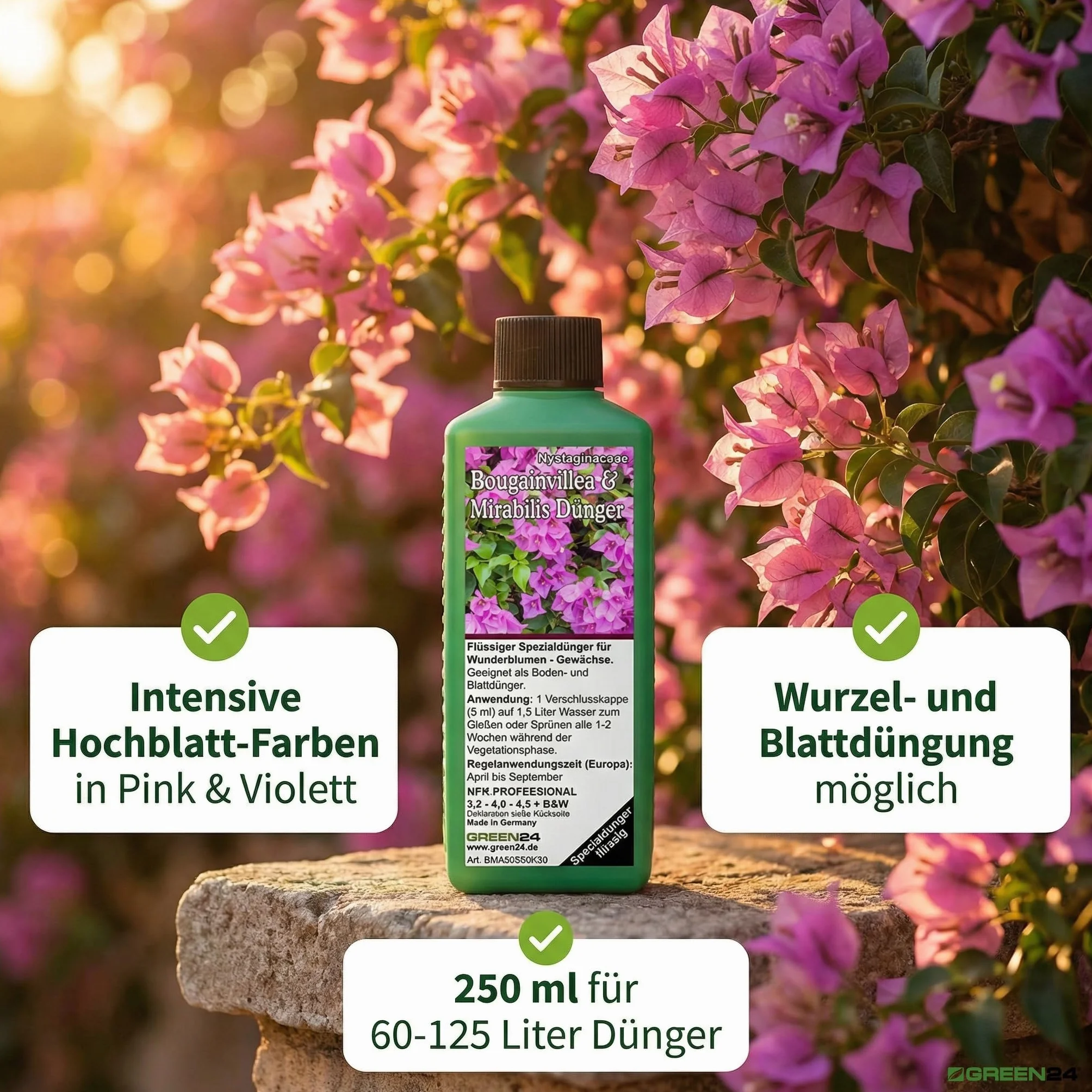 GREEN24 Bougainvillea & Mirabilis nawóz 250 ml – specjalny nawóz do mirabilis, drillingsblumen – śródziemnomorskich roślin doniczkowych, nawóz do kwiatów – płynny nawóz NPK do Nyctaginaceae – balkon