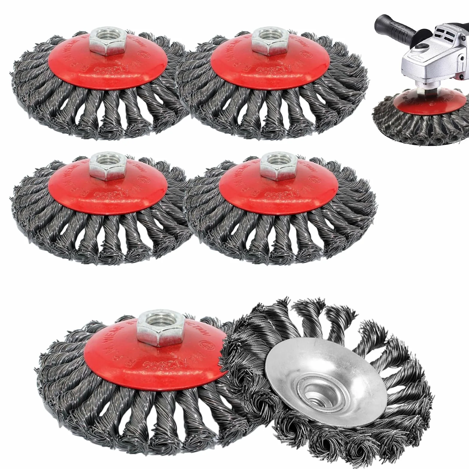 6 drucianych szczotek, szlifierka kątowa Ø 125 mm, szczotka garnkowa, M14, stalowa, stożkowa