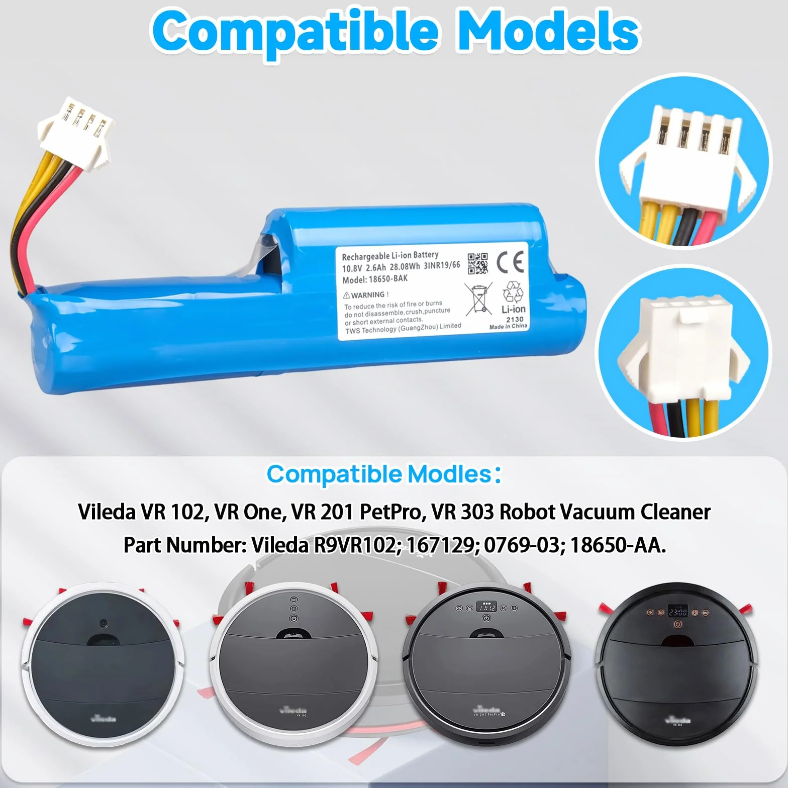 Bateria 2600 mAh kompatybilna z Vileda VR 102, VR One, VR 201 Pet Pro i VR 303 Roboty Odkurzacze, bateria kompatybilna z Vileda R9VR102, 167129, 0769-03, 18650-AA