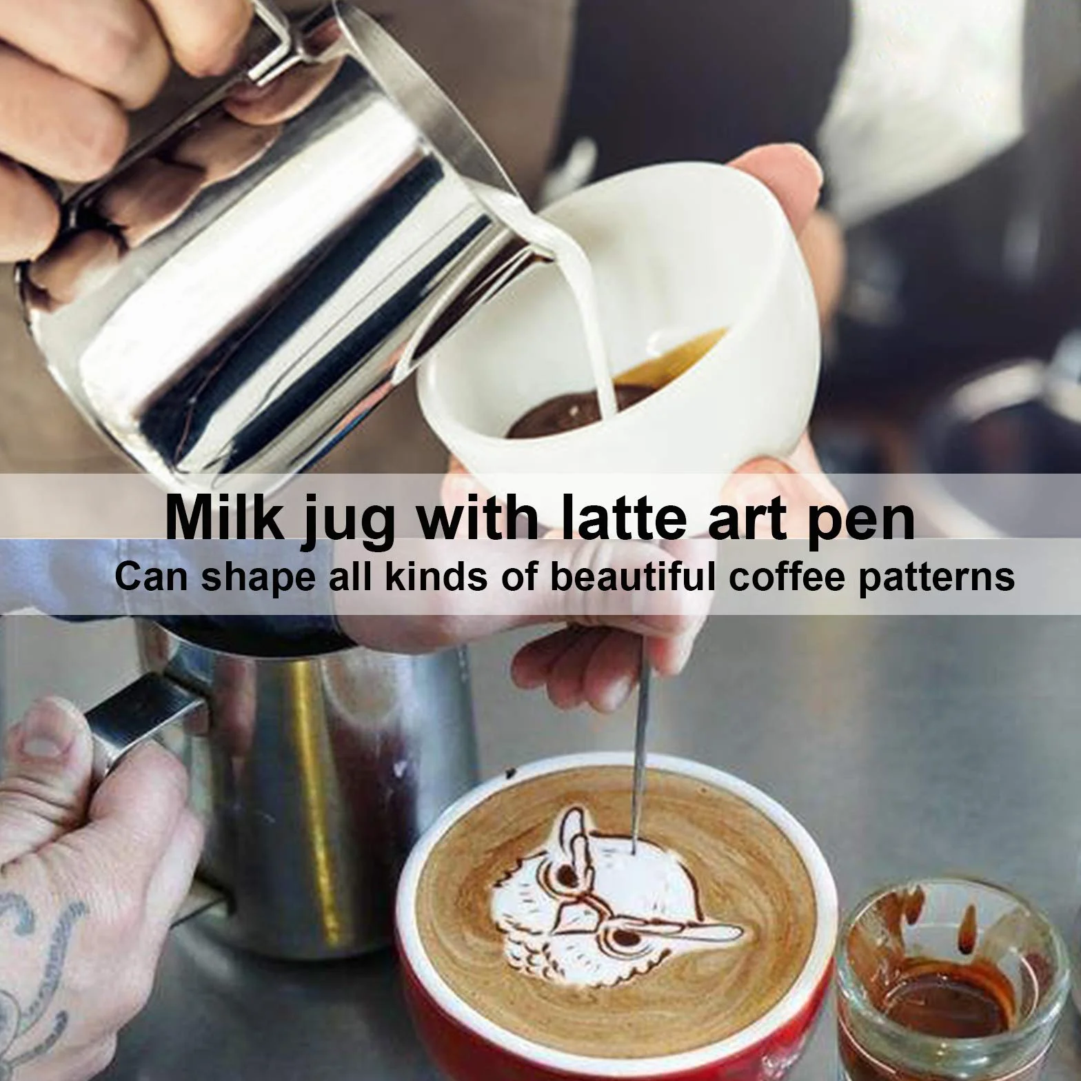 Dzbanek na mleko ze stali nierdzewnej, 350 ml, z pomiarem Mark i Latte Art, srebrny, mały dzbanek do spieniacza do mleka Barista dzbanek do spieniania espresso cappuccino