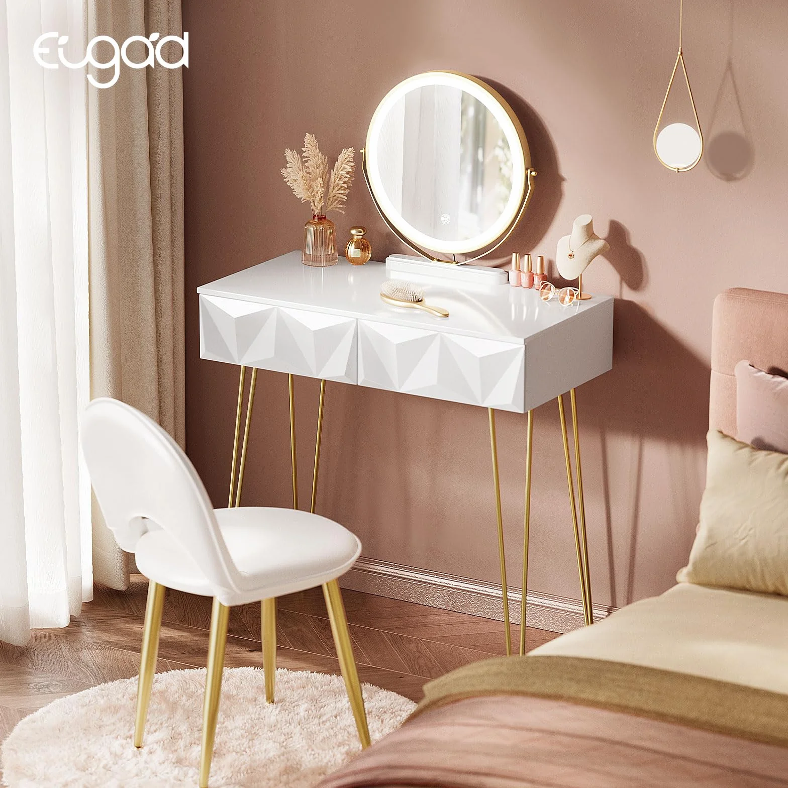 EUGAD 0056SZT Toaletka z oświetleniem LED w 3 kolorach światła, tapicerowane aksamitne krzesło, toaletka z 2 szufladami z litego drewna, z efektem 3D, lustro obracane o 360°, kolor biały + złoty
