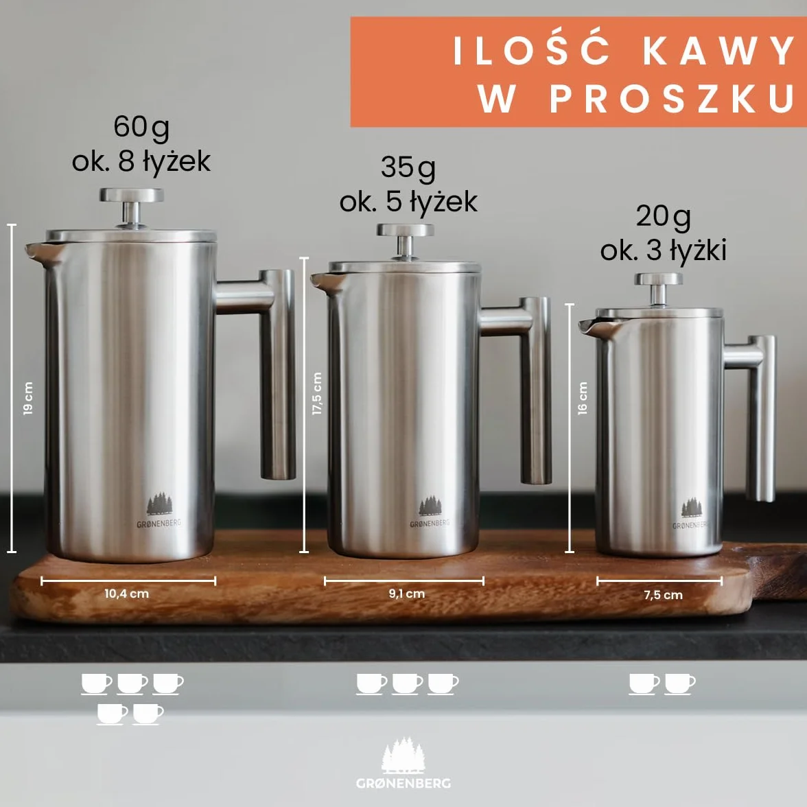 Groenenberg French Press I Wysokiej jakości francuska prasa z funkcją utrzymywania ciepła I Ekspres do kawy w różnych rozmiarach od 300 ml do 1 litra (1000 ml)