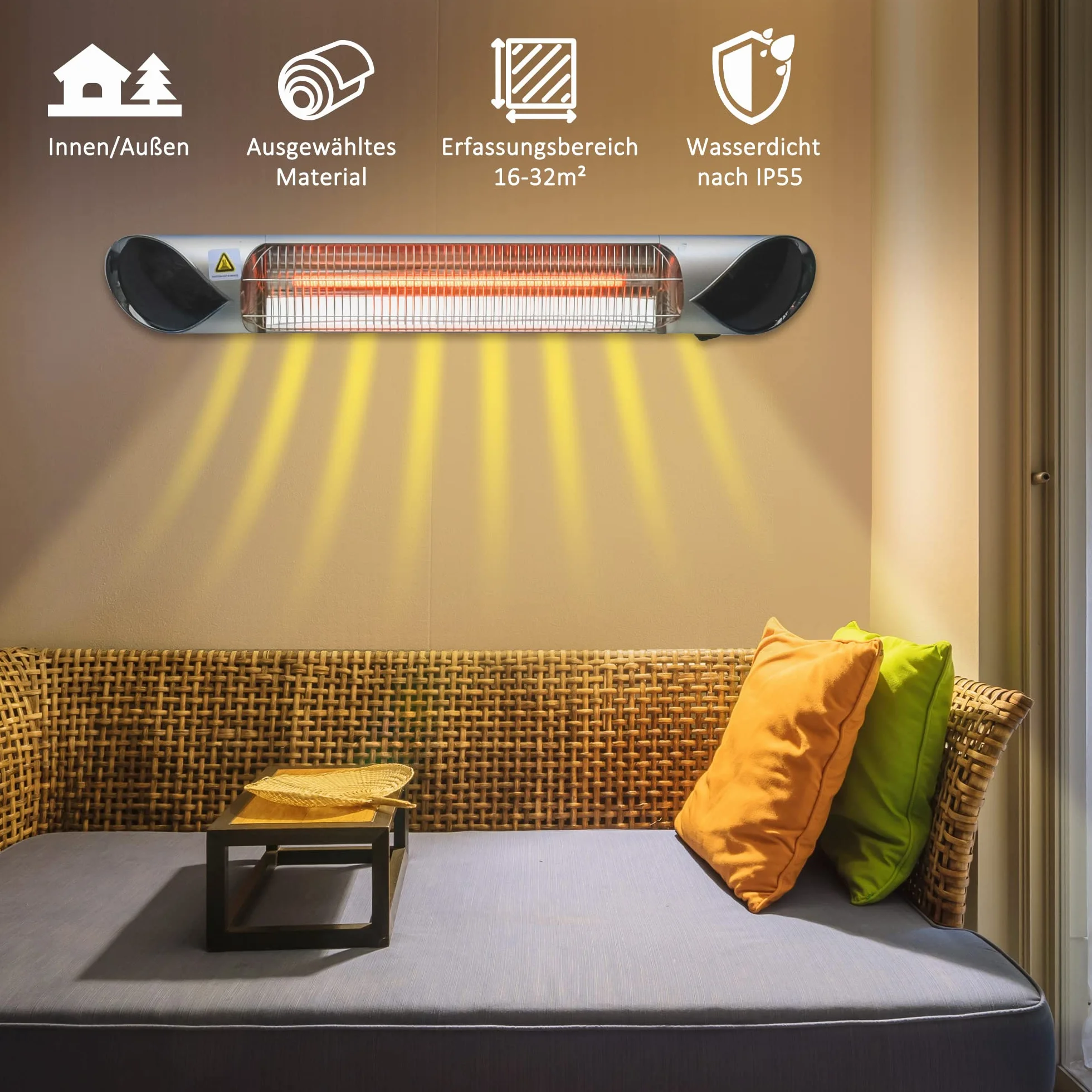 Grzejnik Outsunny, 4 poziomy grzania, 800/1200/1600/2000W, grzejnik elektryczny, grzejnik tarasowy do ogrodu z pilotem, wodoodporny, odporny na kurz, aluminium 88 x 13 x 9 cm