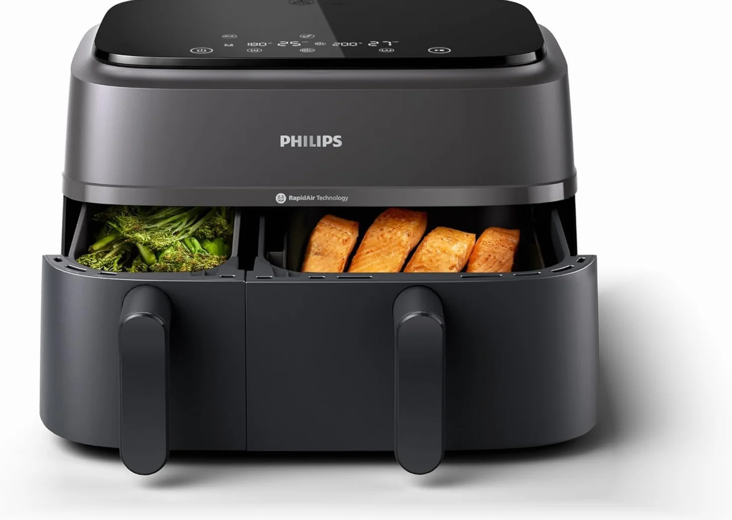 Philips Dual Basket AirFryer - zdrowe, szybkie i wszechstronne gotowanie, do pieczenia, gotowania i grillowania, duża pojemność 9 l, RapidAir, ekran dotykowy, konstrukcja z 2 szufladami (NA350/00)