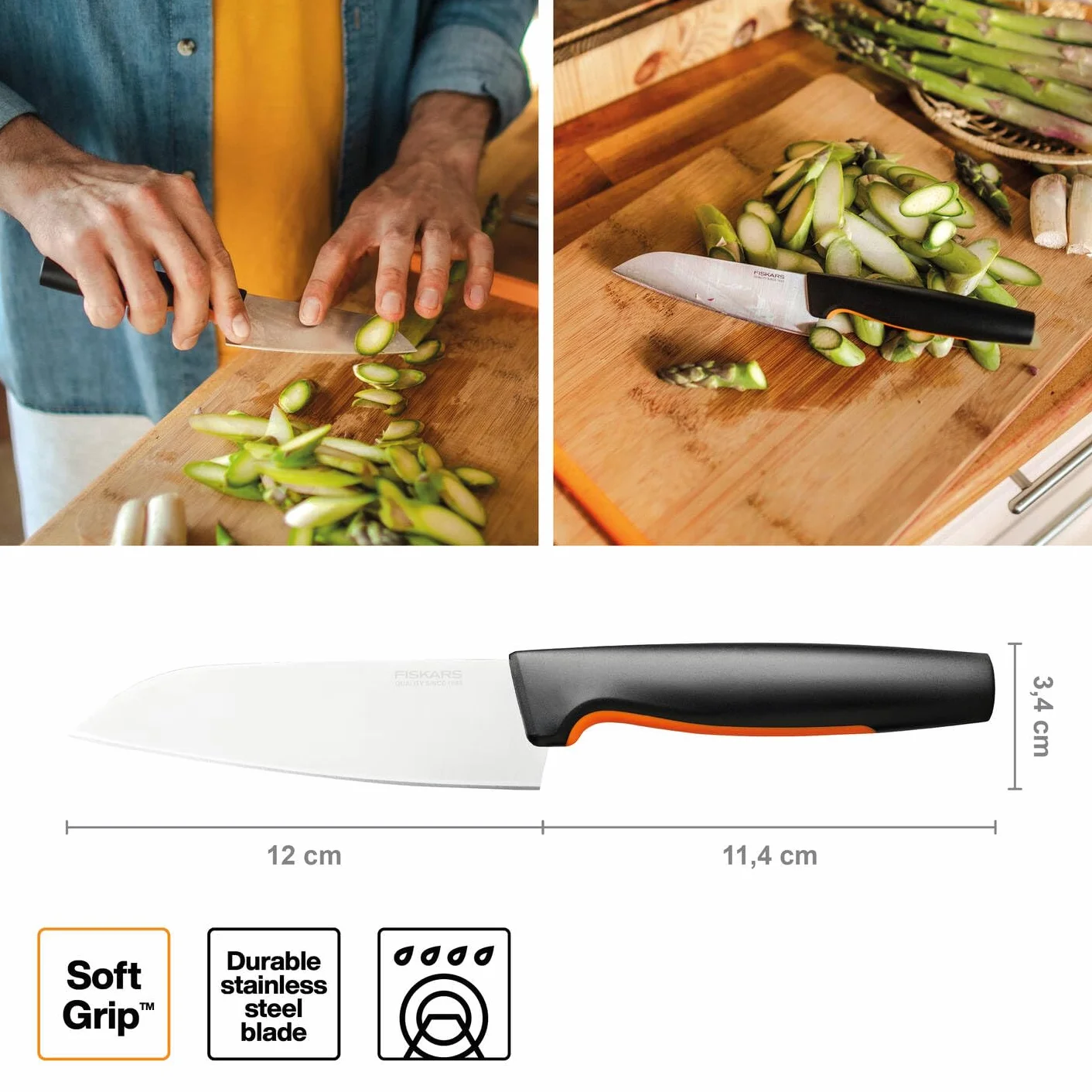 Fiskars Nóż szefa kuchni, Mały, Functional Form, Długość całkowita: 24 cm, Japońska stal nierdzewna i tworzywo sztuczne, 1057541