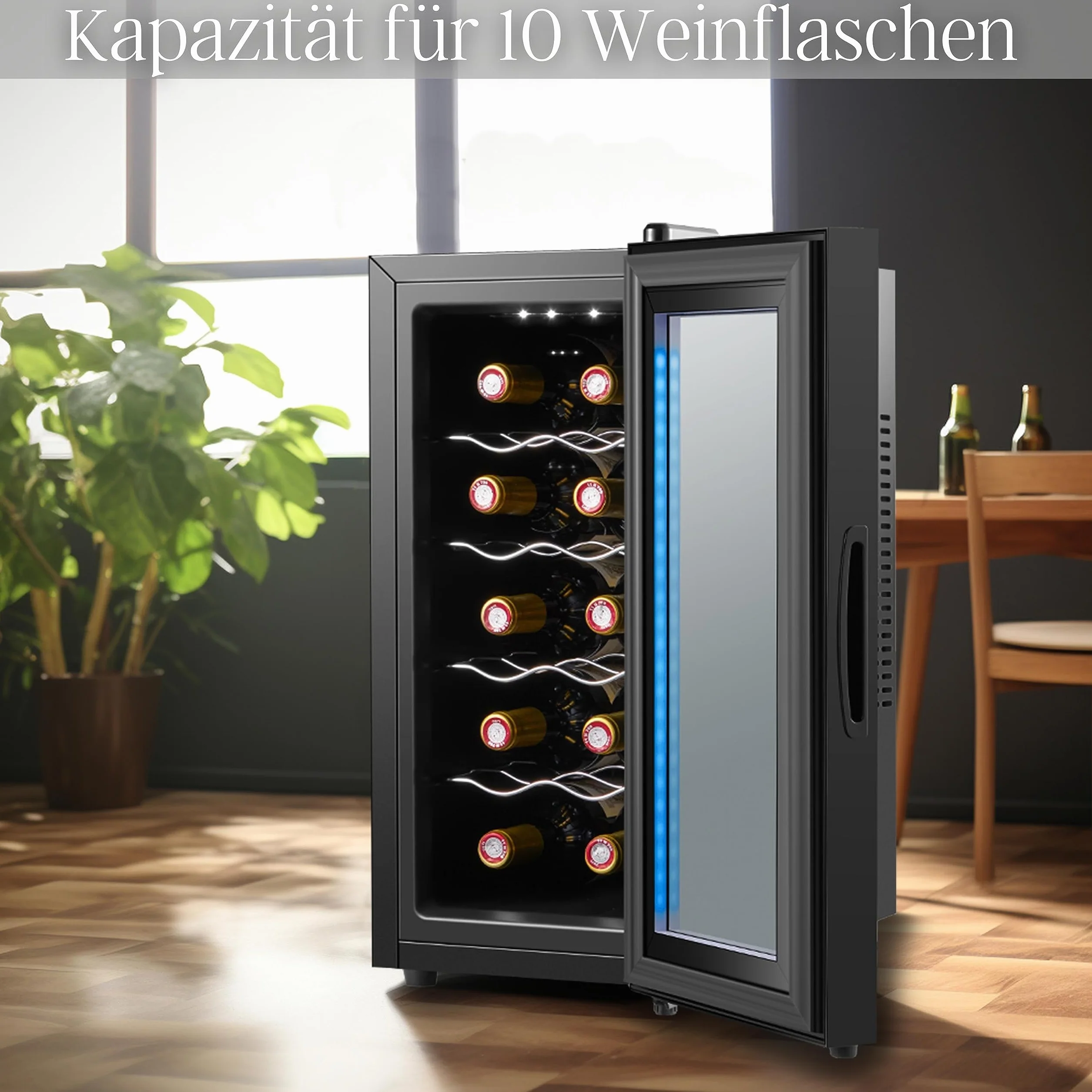 Echos Lodówka na wino, na 10 butelek, 28 l, oświetlenie LED, chłodziarka do wina, mini lodówka na wino, mini bar ze szklanymi drzwiczkami