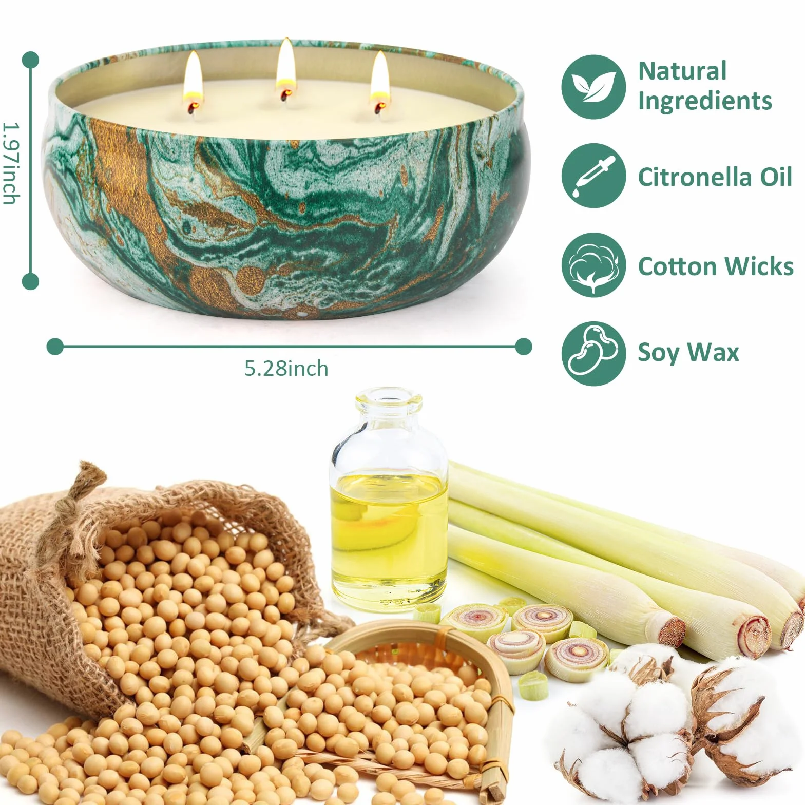 Citronella świecy do zewnątrz, duże 3x15OZ, 3 knoty olejkowe, cytrynowy wosk sojowy, zestaw do ogrodu, piknika, tarasu, imprez, grillu, wewnątrz i zewnątrz, kemping