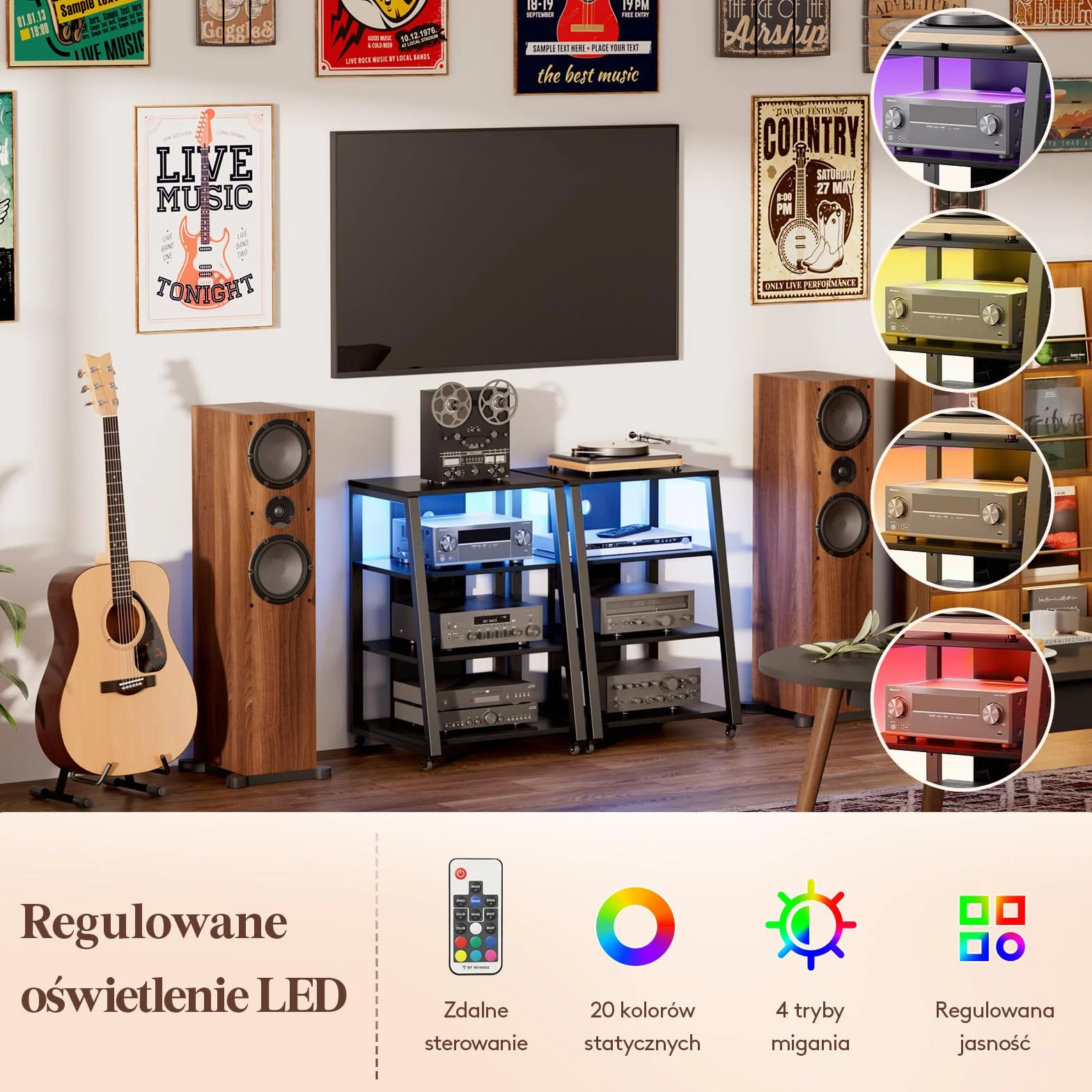 Lifewit 4-stopniowy regał HiFi z kółkami i regulowaną półką, stół gramofonowy z listwami zasilającymi i diodami LED, stojak na media AV, do salonu, 60 x 55 x 90 cm, rustykalny brąz
