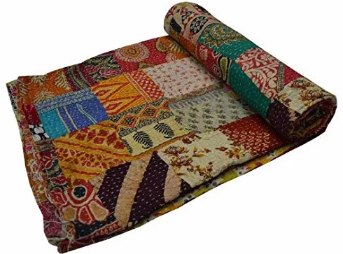 Estationeryhouse Indyjska kołdra w stylu vintage, patchwork, kanta, ręcznie wykonana narzuta, dwustronny koc, narzuta na łóżko, tkanina bawełniana, boho, kołdra