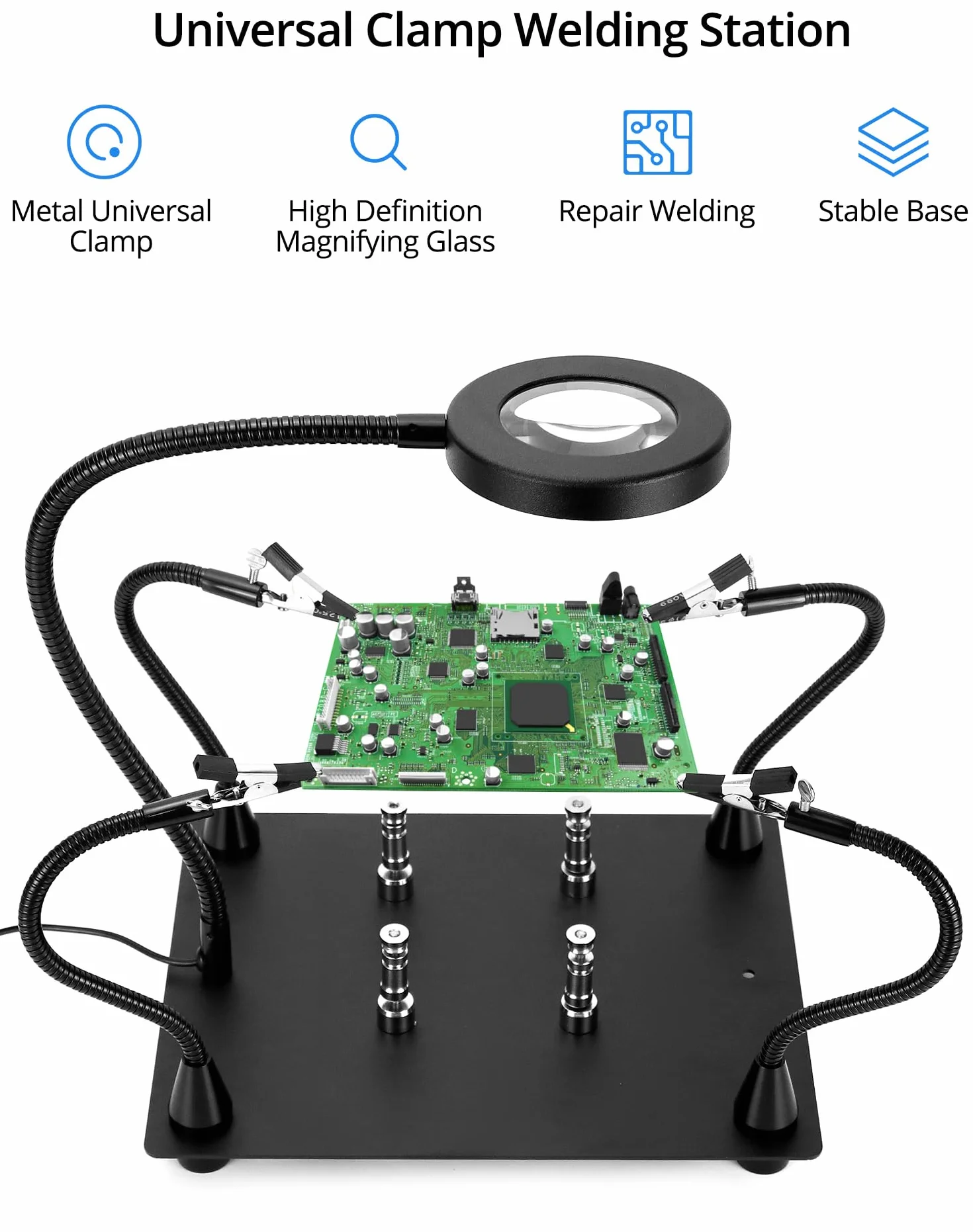 QWORK® Lutowanie z trzeciej ręki, z lampą powiększającą LED 6X, 4 ramionami pomocniczymi do lutowania, 4 kolumnami PCB
