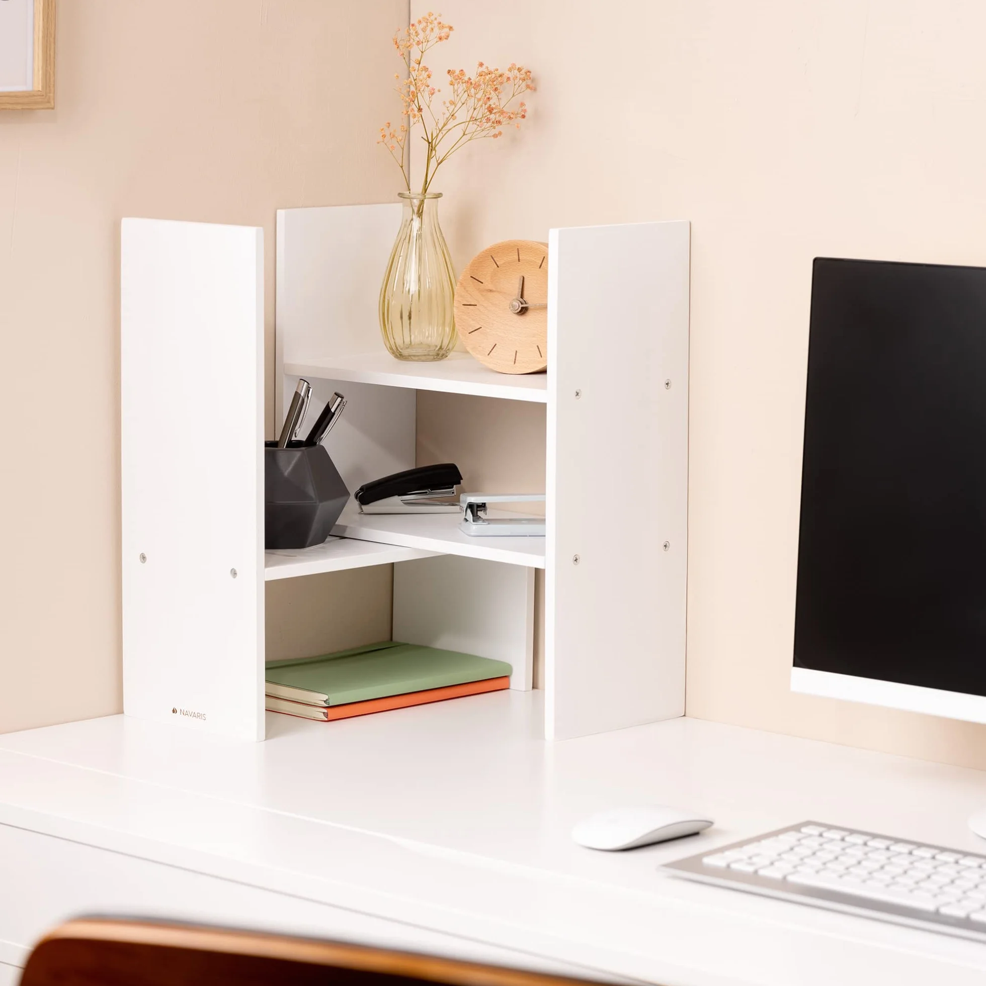 Navaris Bambusowy organizer na biurko, 64 x 15,5 x 40 cm, regulowany system porządkowania – regał narożny do kuchni, biura, łazienki, nadstawka regału – biały