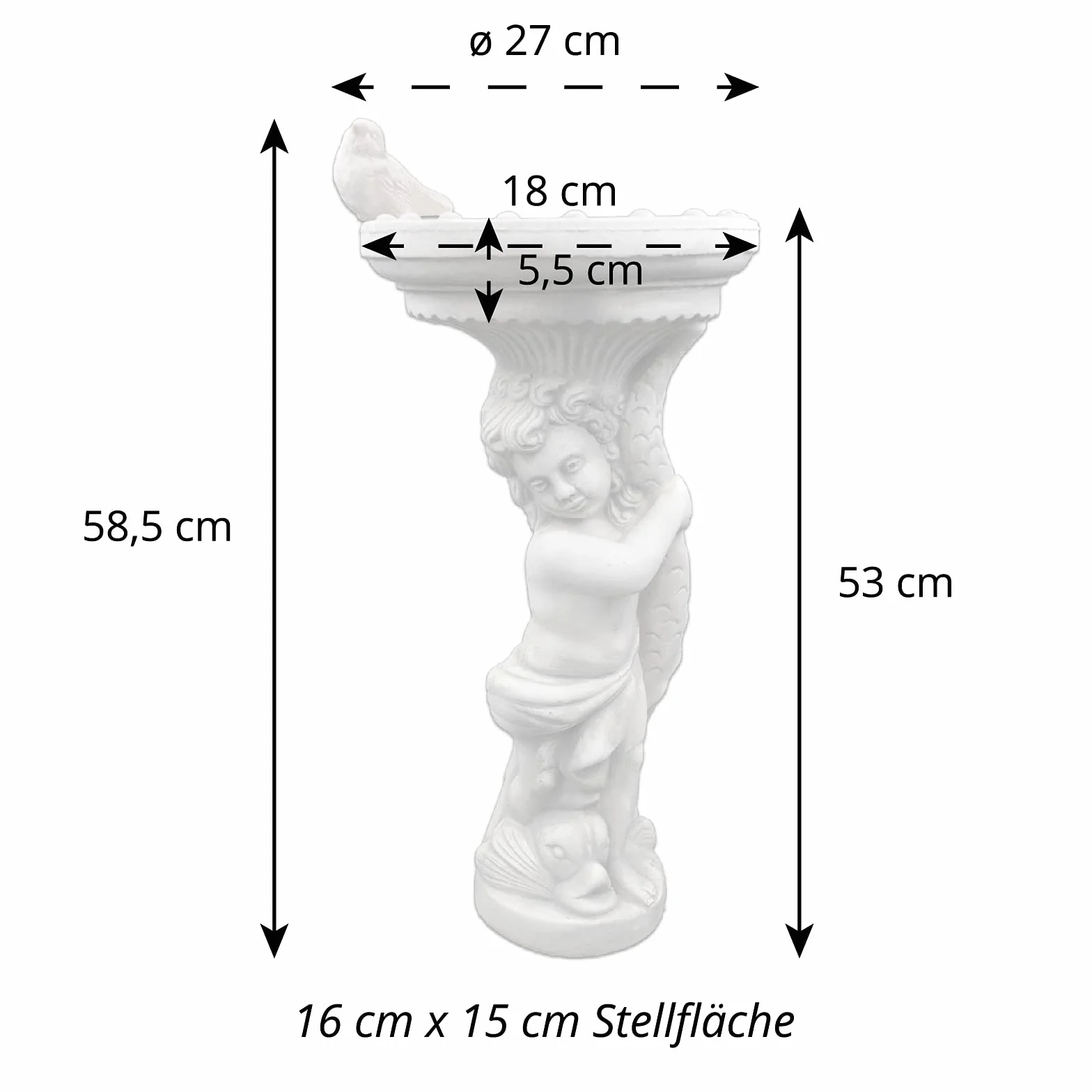 gartendekoparadies.de Chłopiec z dużym poidłem dla ptaków, kamienna figurka wys. 54 cm, 18 kg, szara, odporna na mróz z odlewu kamiennego do użytku na zewnątrz