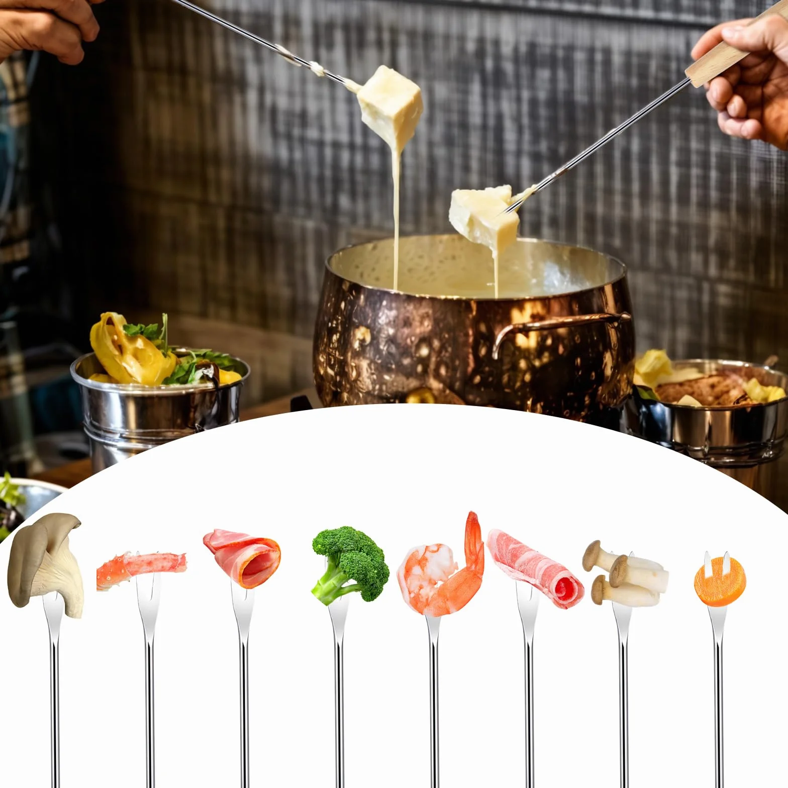 Widelce do fondue ze stali nierdzewnej 22 cm oznaczone kolorami z drewnianym uchwytem
