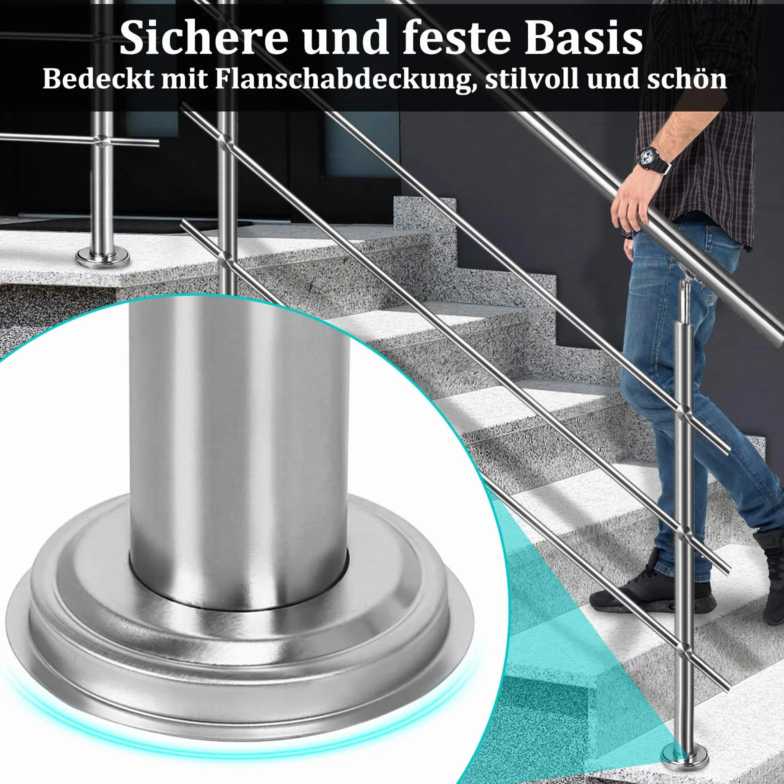 Aufun Poręcz ze stali nierdzewnej, 160 cm, poręcz schodowa do wewnątrz i na zewnątrz, z 2 słupkami, do schodów, balustrady, na balkon (160 cm, 2 poprzeczki)