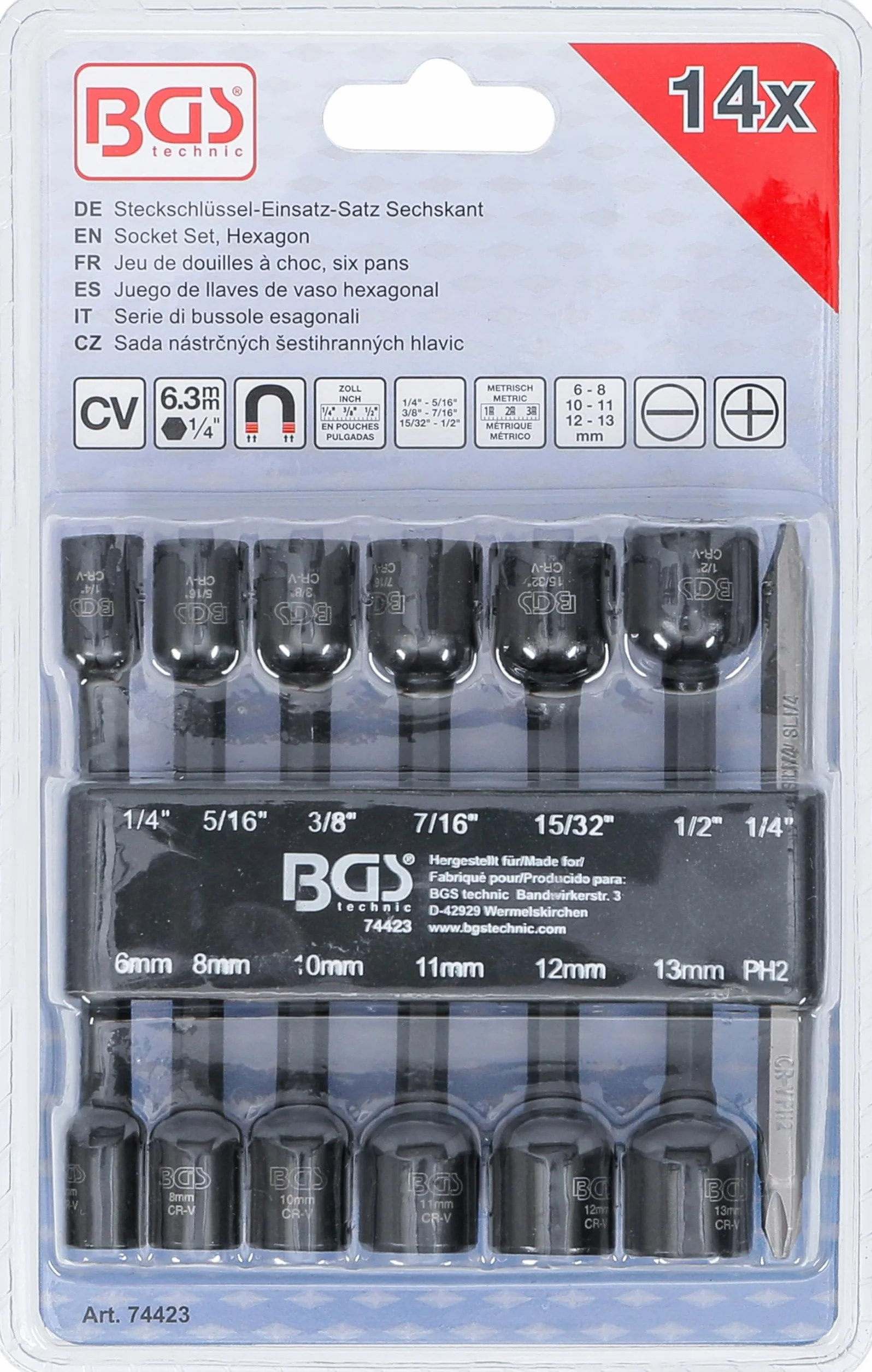 BGS 74423 | Zestaw nasadek sześciokątnych | napęd 6,3 mm (1/4") | do wiertarek | 1/4-1/2", 6-13 mm | 14 szt.