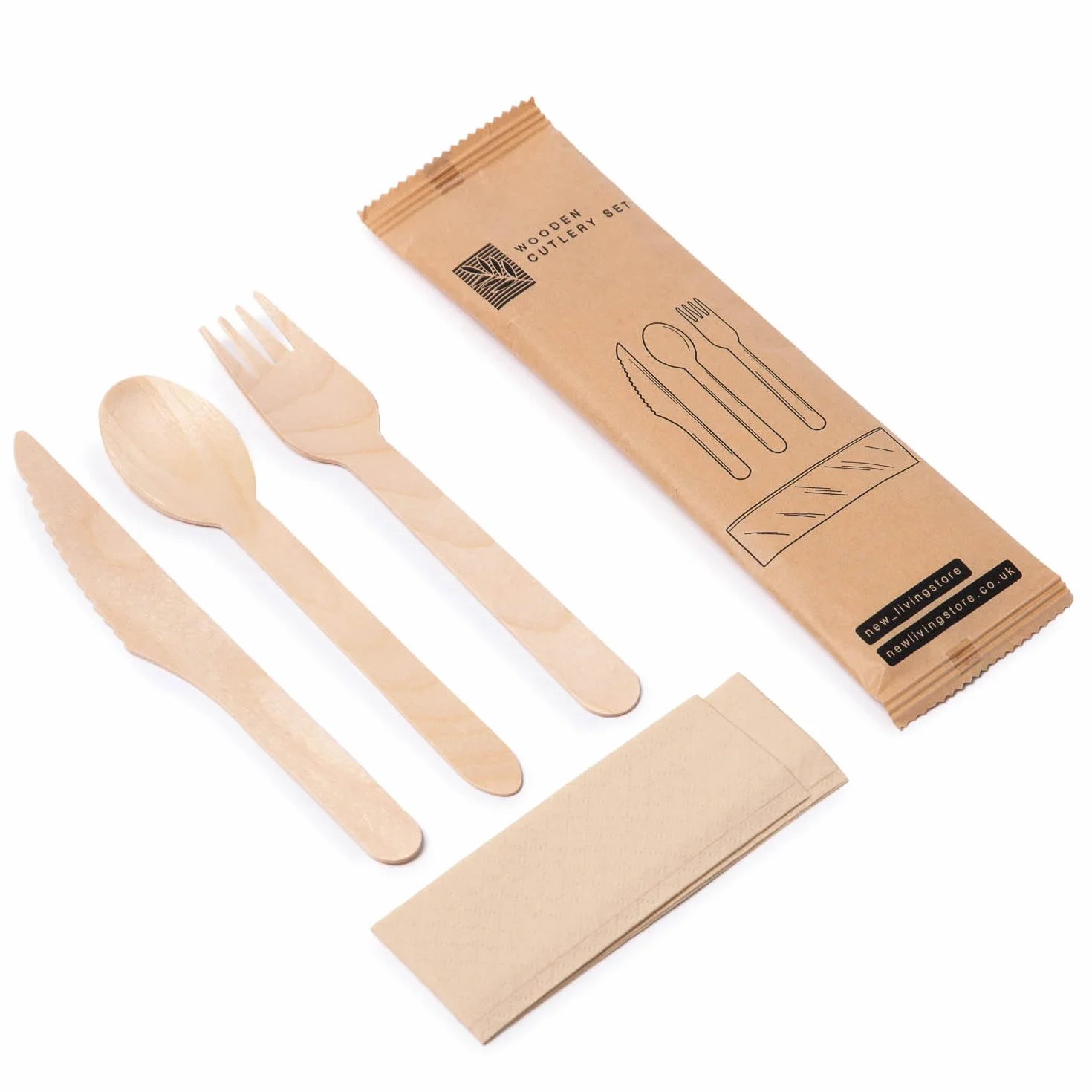 Drewniane zestawy jednorazowych sztućców, 16 cm, Kinife, widelec, łyżka i zestaw chusteczek, pakowane pojedynczo | 16 cm | sztućce piknikowe lub weselne, przyjazne dla środowiska, biodegradowalne