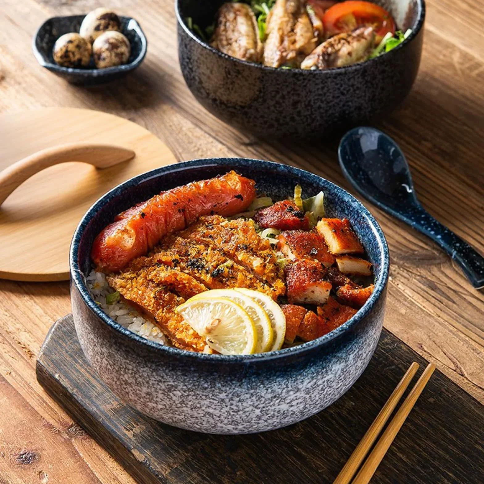 Japońska Miska Ceramiczna Ramen Zestaw z Łyżeczką i Pałeczkami Niebieski
