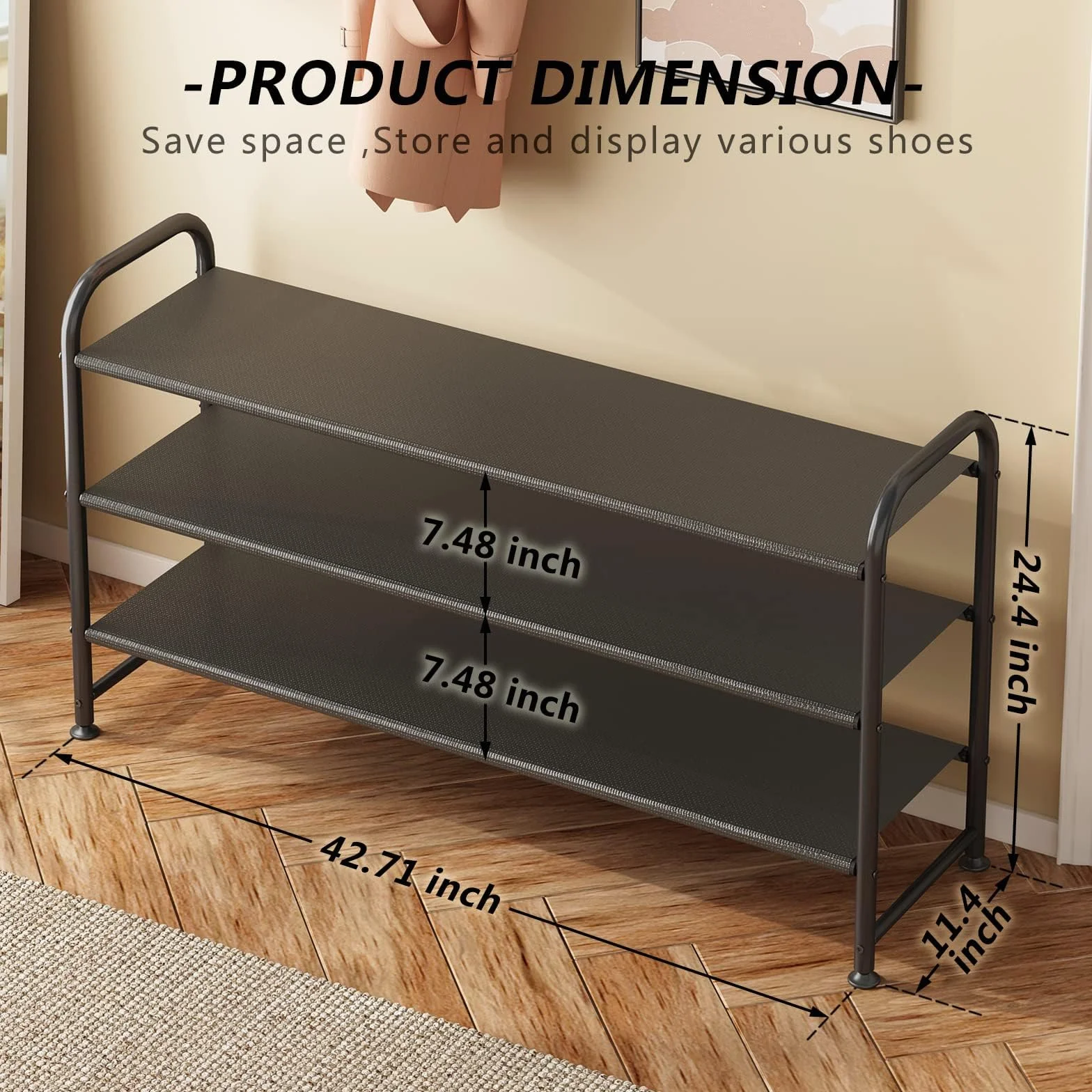 Stojak na buty 3-poziomowy, Półka na buty Metalowa, Organizer do 12-18 par butów, Korytarza, Szafie, Sypialni, Łatwa Instalacja, Czarny, 29 x 108 x 62 cm
