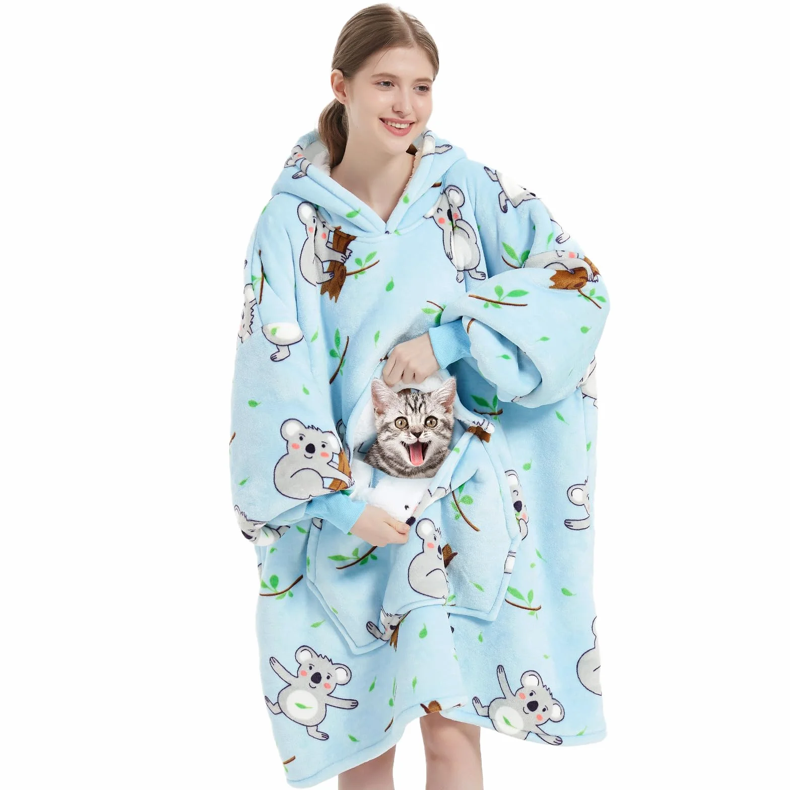 Wenlia Ponadwymiarowy koc z kapturem bluza dla kobiet, nadruk flanelowy koc sherpa, duża kieszeń, super miękka, ciepła, przytulna, gruba bluza z kapturem, jeden rozmiar, pasuje do wszystkich - prezent