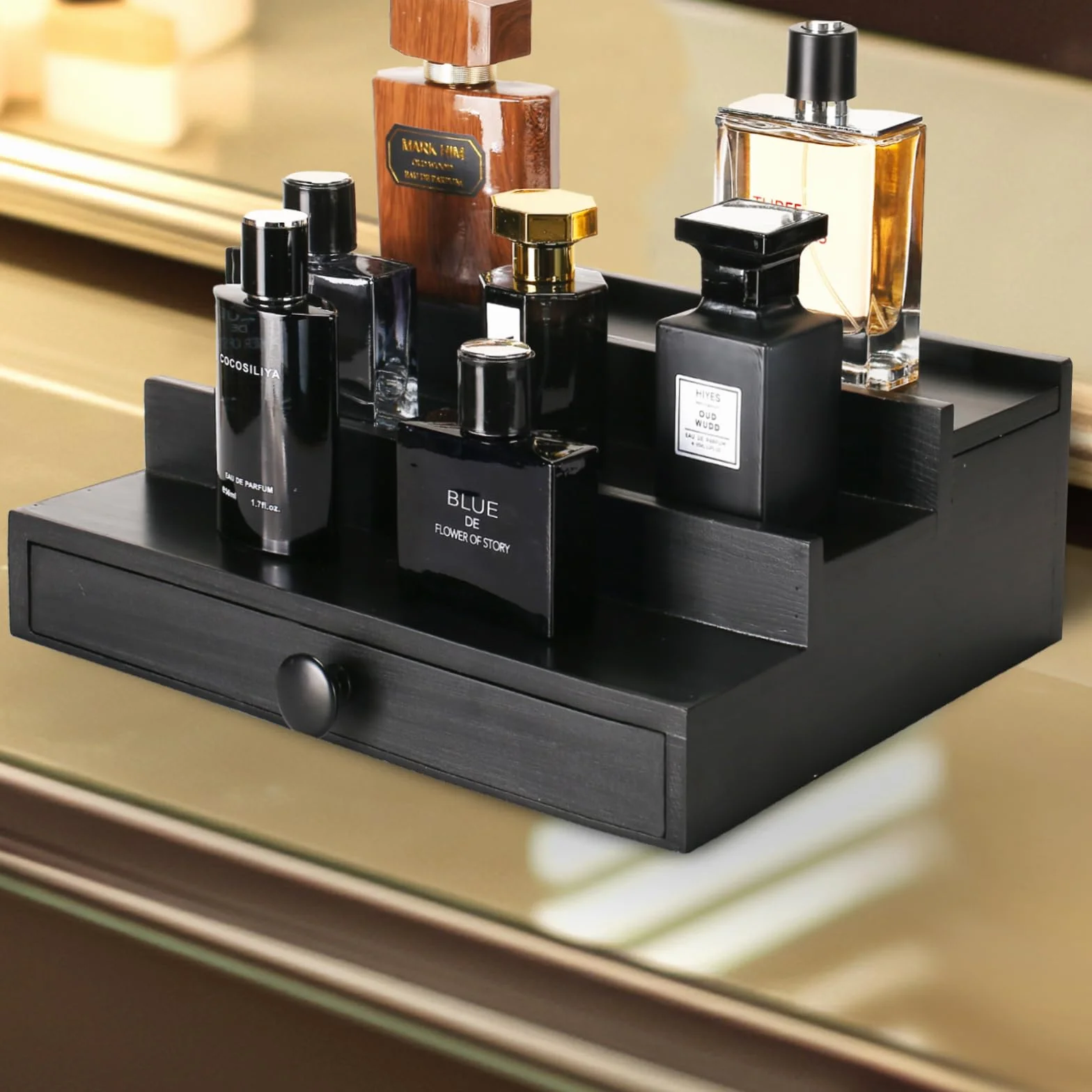 Drewniany organizer na perfumy 3-poziomowy stojak z szufladą i ukrytą przegródką