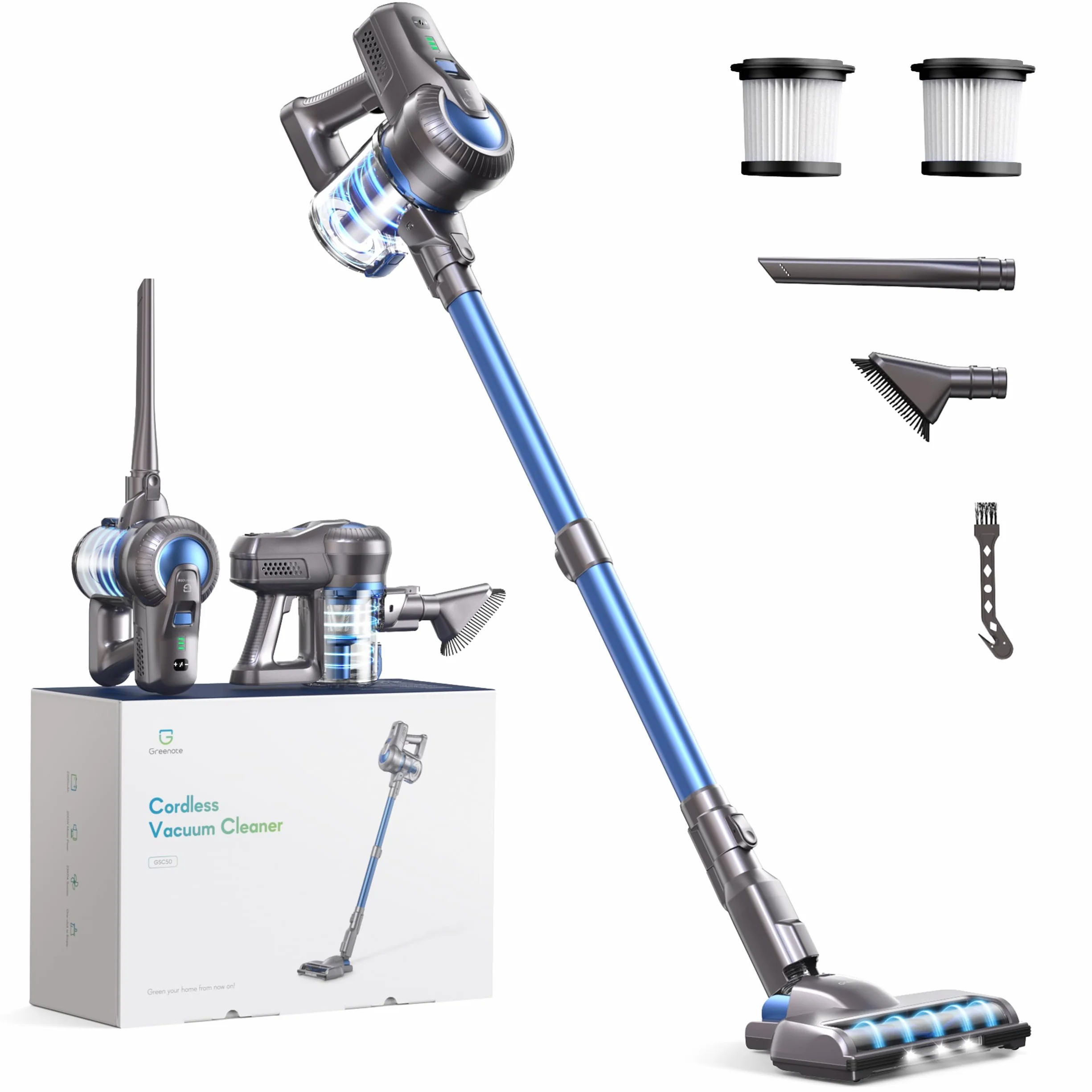 Greenote Odkurzacz Bezprzewodowy Bezworkowy 1,2 kg 35min Wymienna bateria LED dysza podłogowa