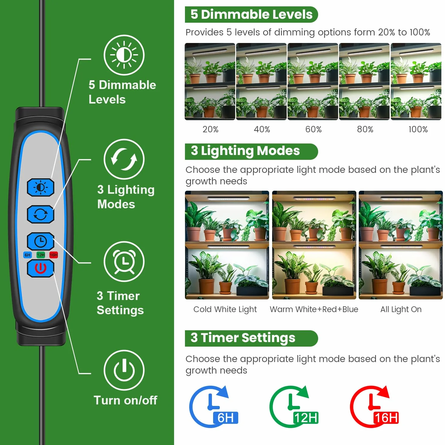 Wolezek Lampa LED do uprawy roślin, pełne spektrum, 210 diod LED z automatycznym timerem 4/8/12/16H, 2 sztuki 35 cm lampa do uprawy roślin z 5 stopniami jasności, lampa do wzrostu roślin