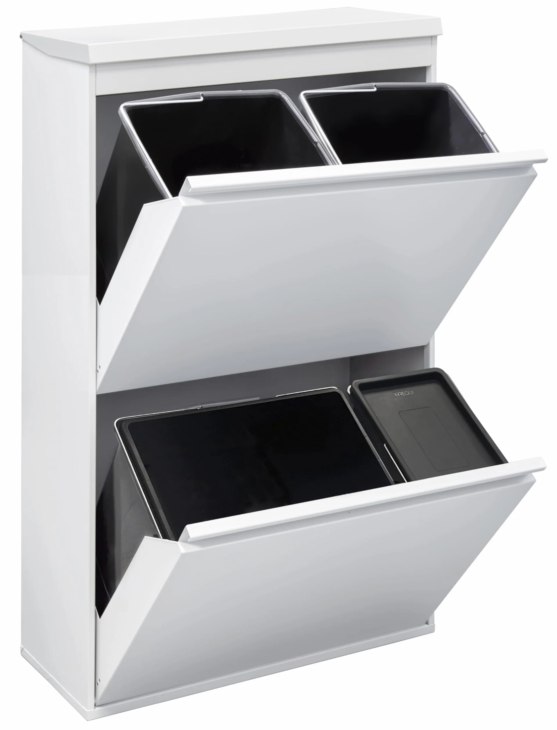 ARREGUI Top CR621-B2 stalowy system segregacji odpadów z pudełkiem do przechowywania z pokrywką, 4 przegródki, kosz na śmieci do kuchni, 23 + 11 + 17 + 17 l (68 l), 1 bardzo duże wiadro, 4-komorowy