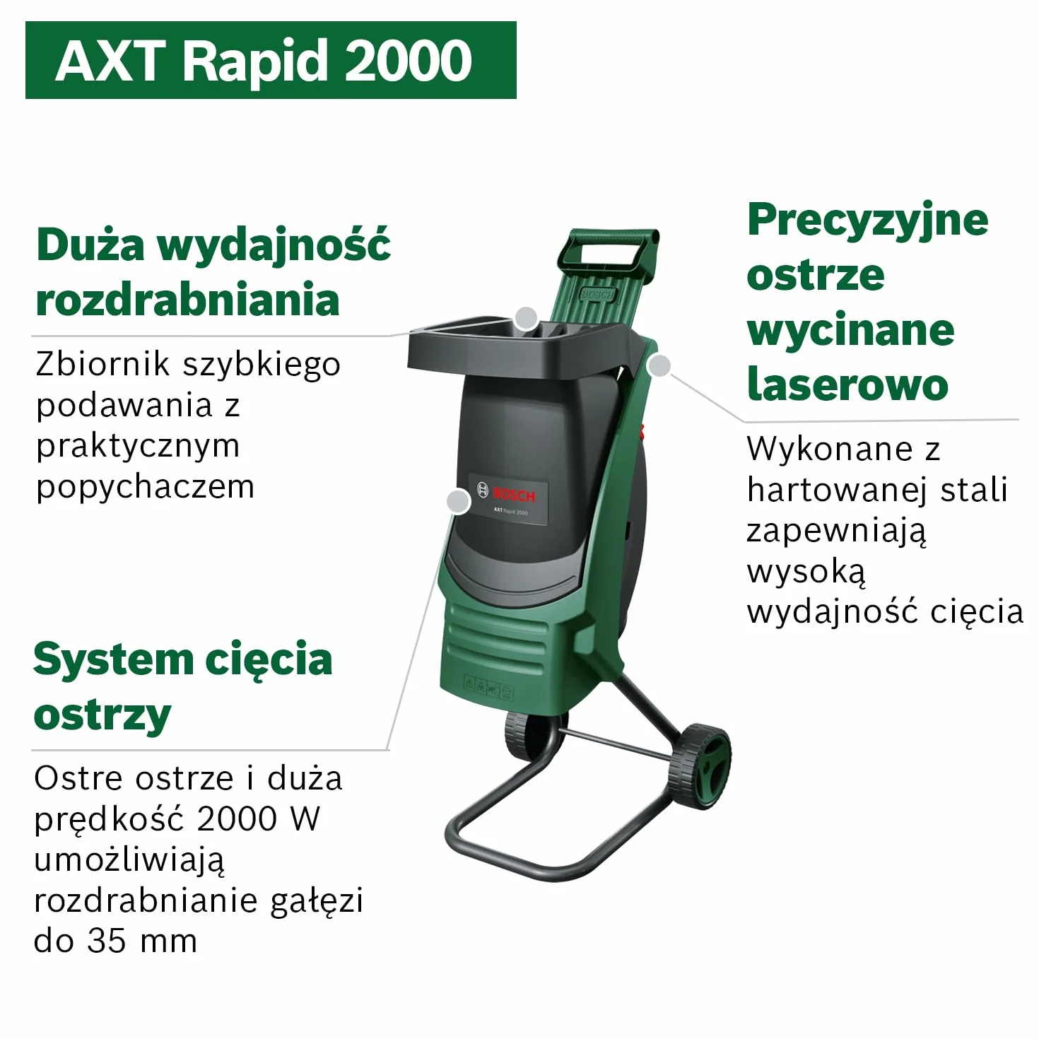 Bosch Rozdrabniarka AXT Rapid 2000 (do wydajnego rozdrabniania odpadków ogrodowych, silnik o mocy 2 000 W)