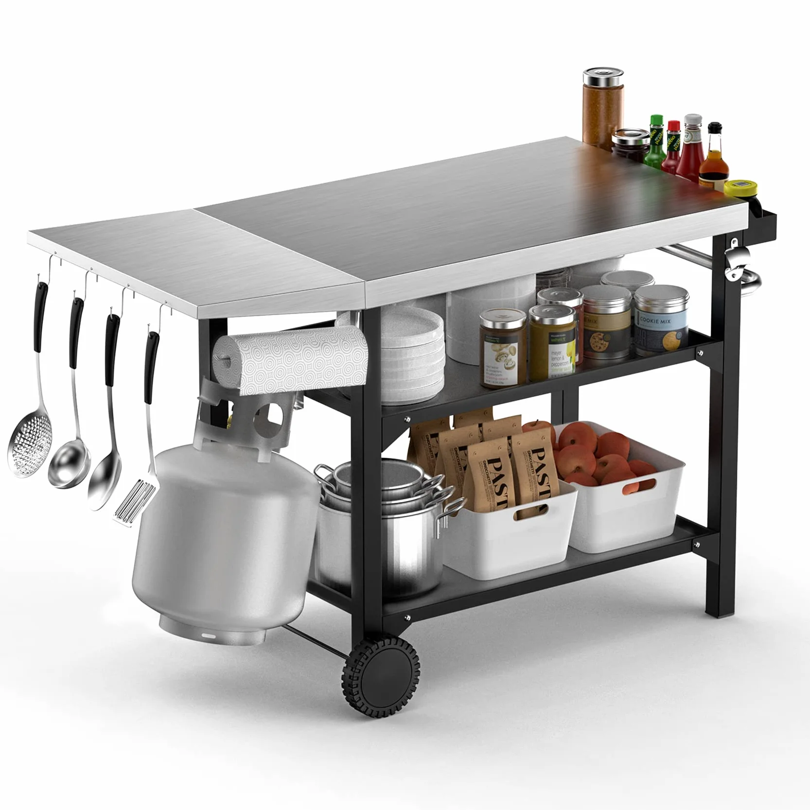 Onlyfire Wózek do Grilla 120 × 53 × 81 cm, Stół do Grillowania z Dużą Powierzchnią Roboczą, Kółkami i Stolikiem Bocznym, 3-poziomowy Wózek do Serwowania, Wózek do Grillowania na Zewnątrz