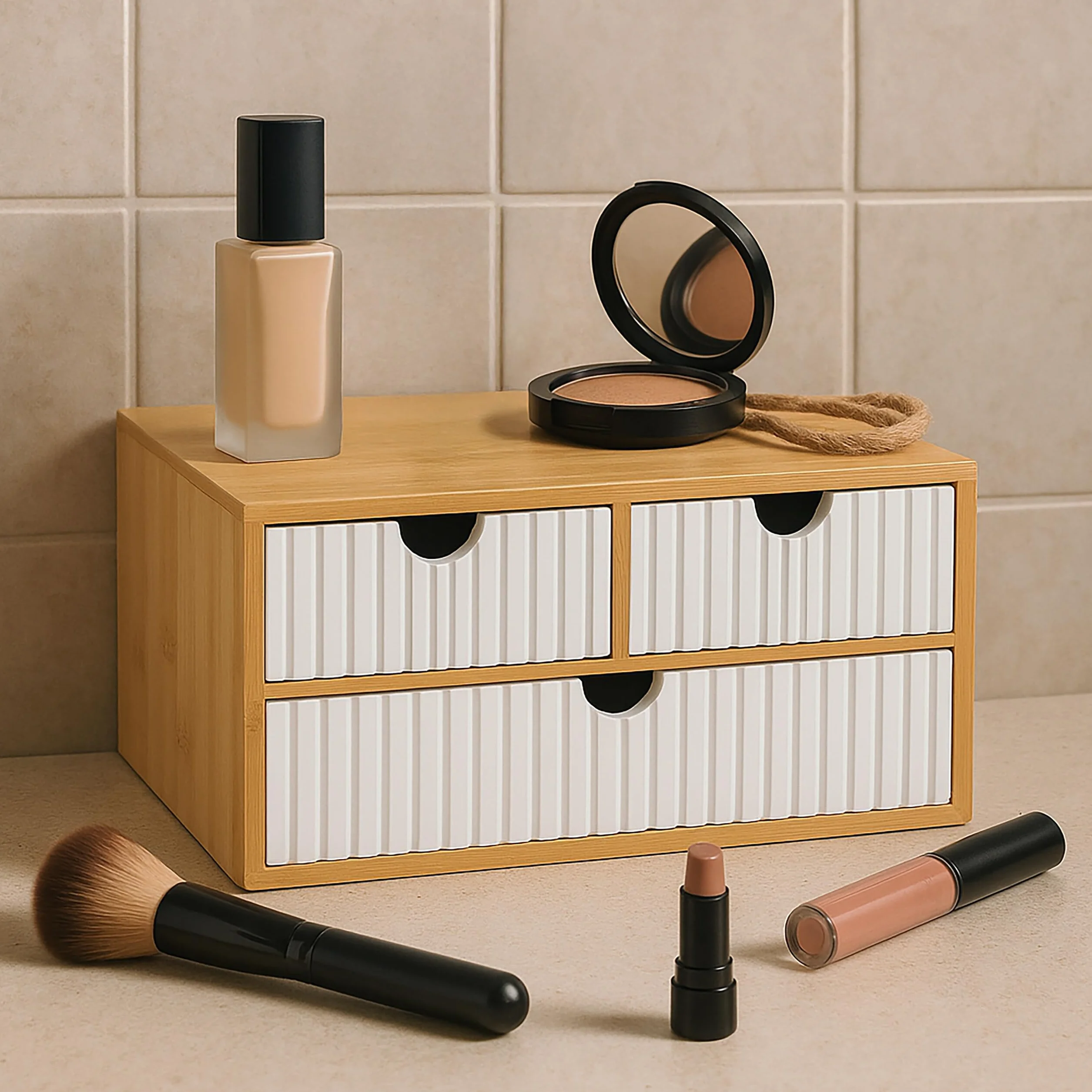Relaxdays Pudełko z szufladami, bambus i MDF, 3 rowkowane szuflady, wys. x gł.: 15 x 30 x 20 cm, organizer na biurko, biały/różowy